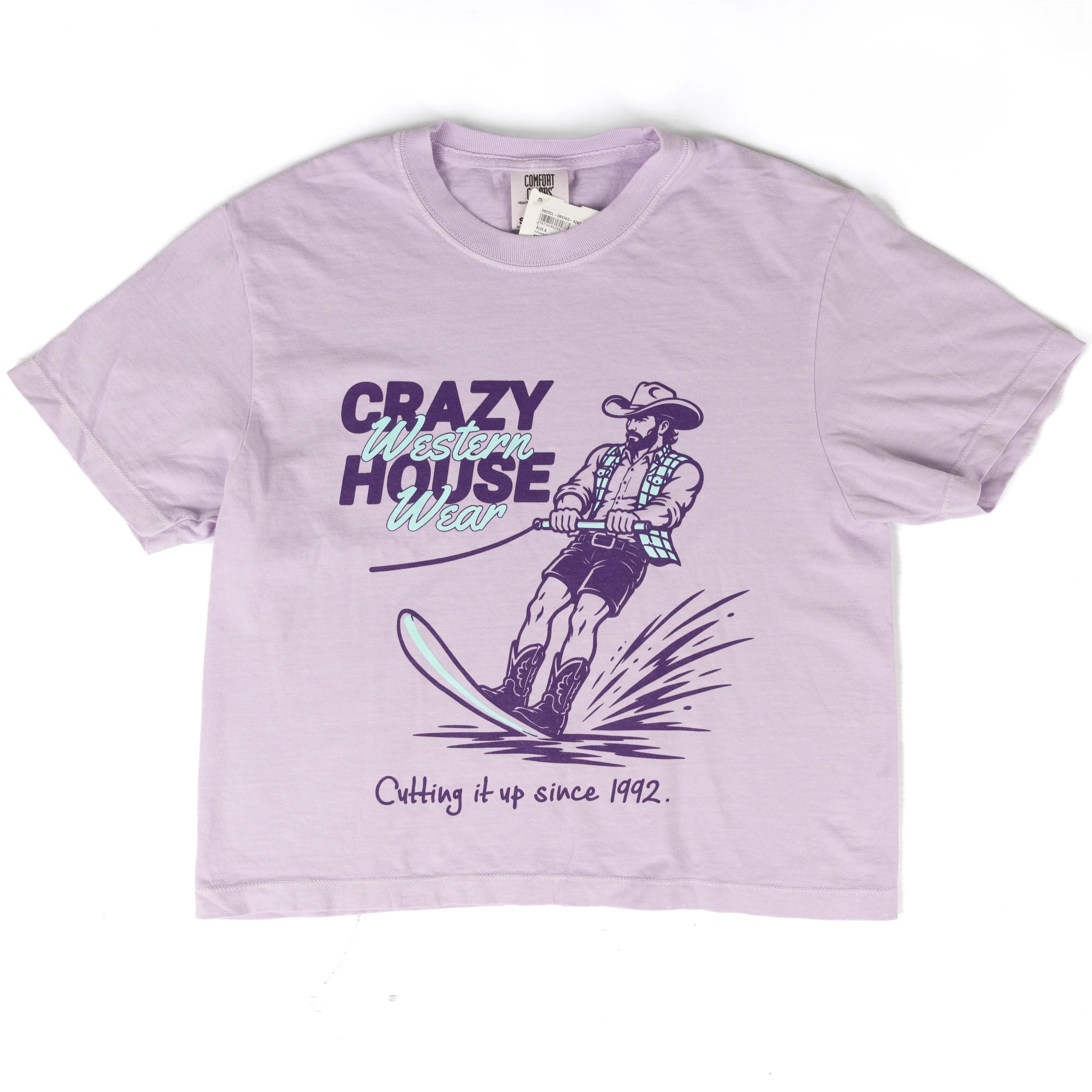Crazy House Women's Short Sleeve Cropped Water SKi Cowboy Printed T-shirt