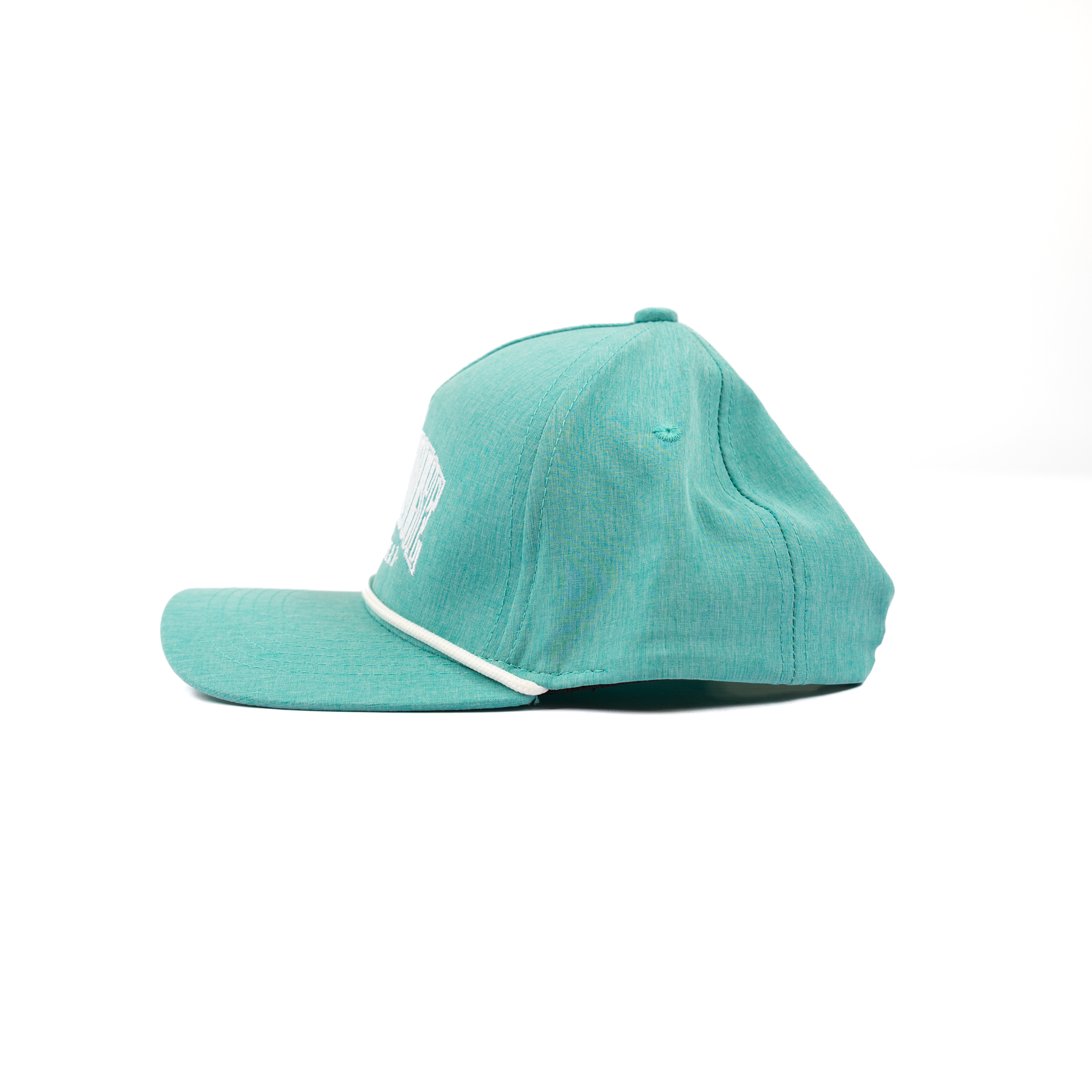 Crazy House Heather Teal Cap with White Stitching and Rope