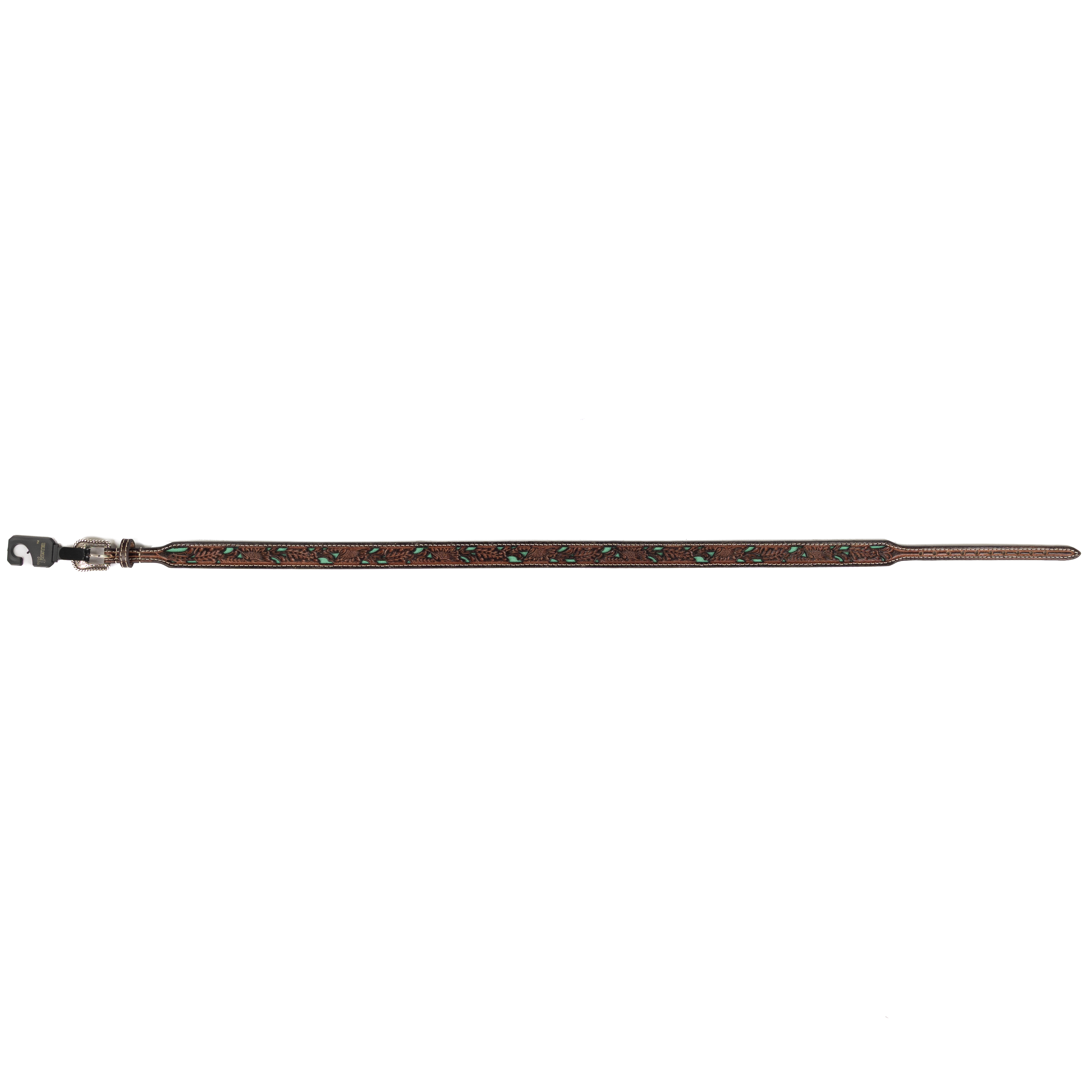 Dark Brown Leather Tooled Hat Band with Teal Underlay