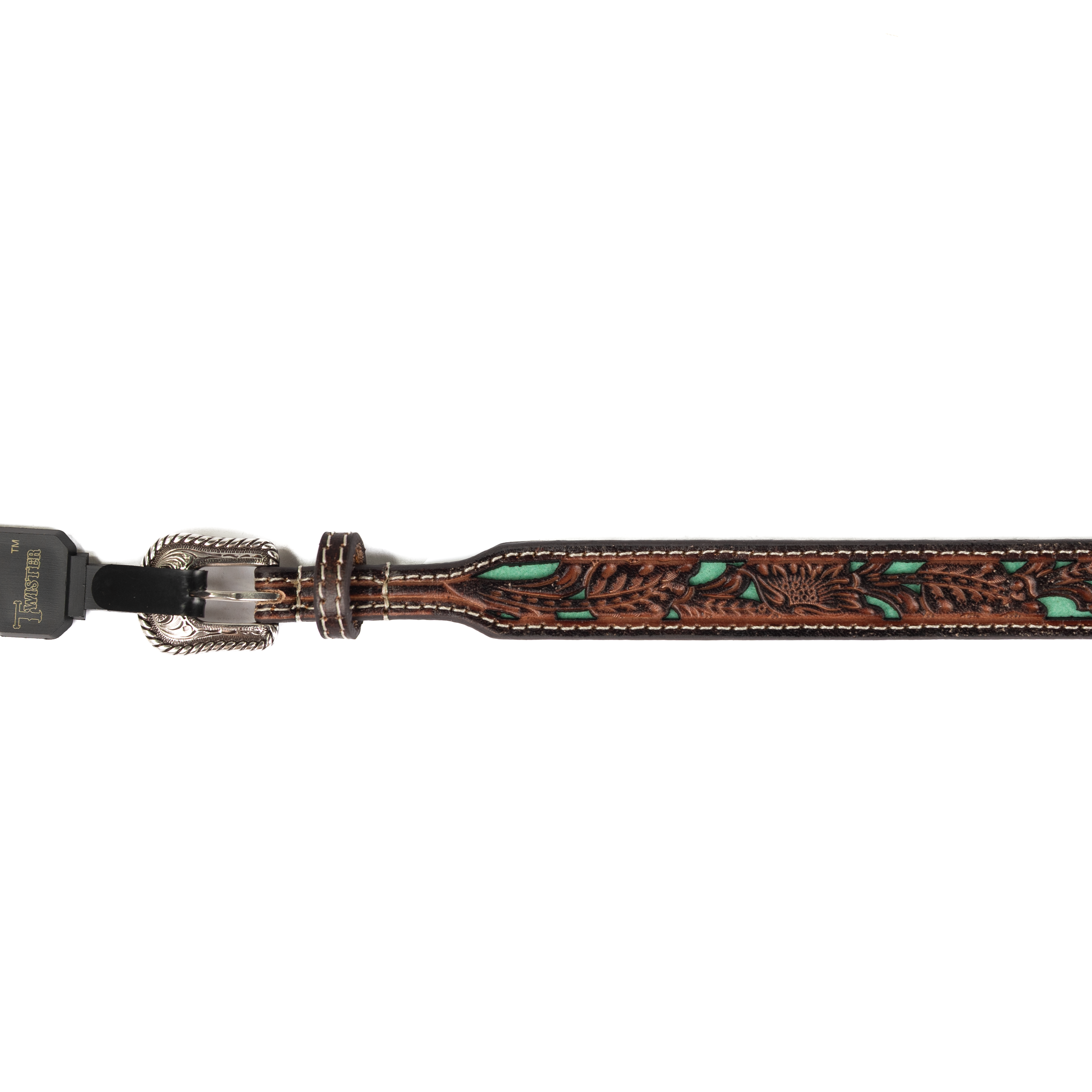 Dark Brown Leather Tooled Hat Band with Teal Underlay