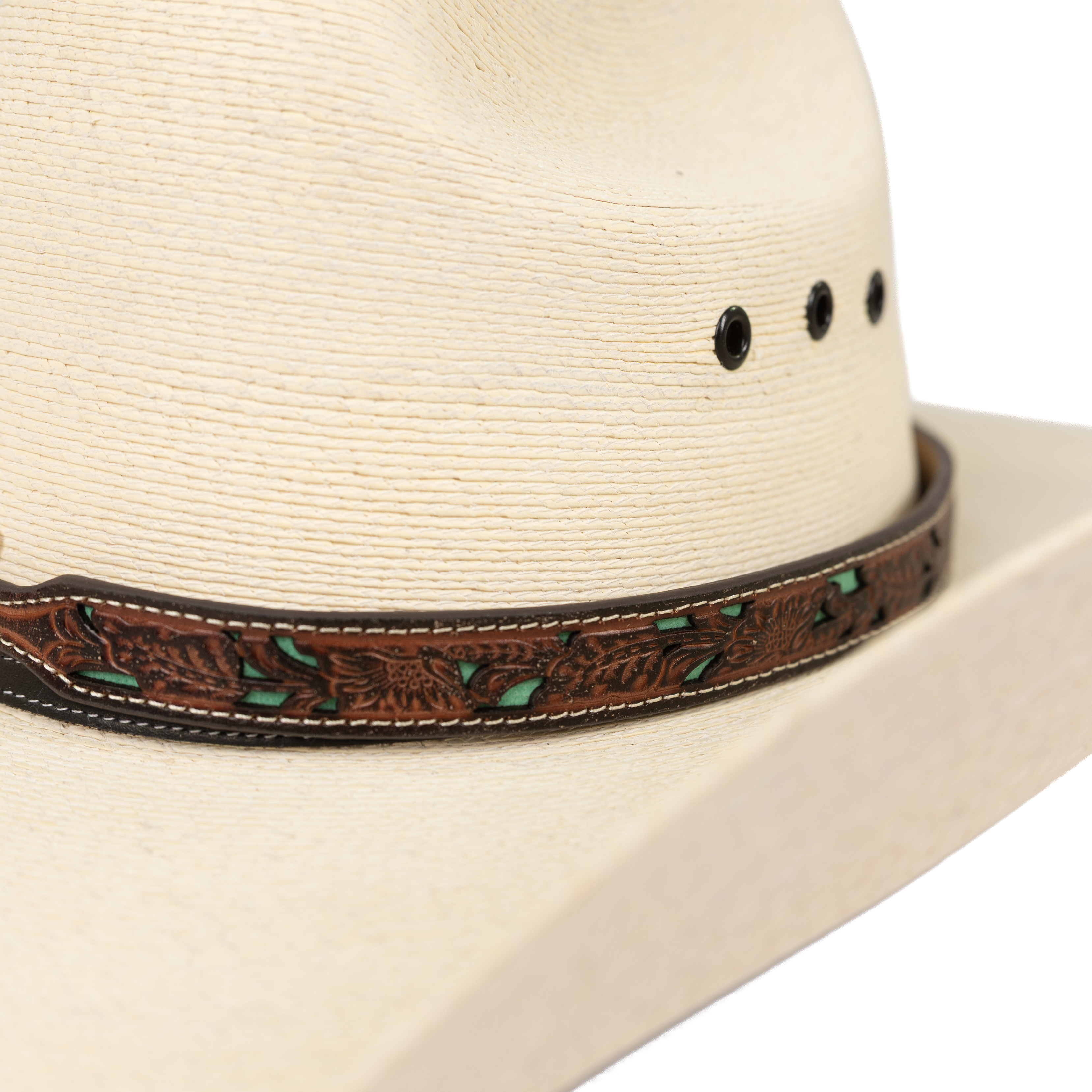 Dark Brown Leather Tooled Hat Band with Teal Underlay