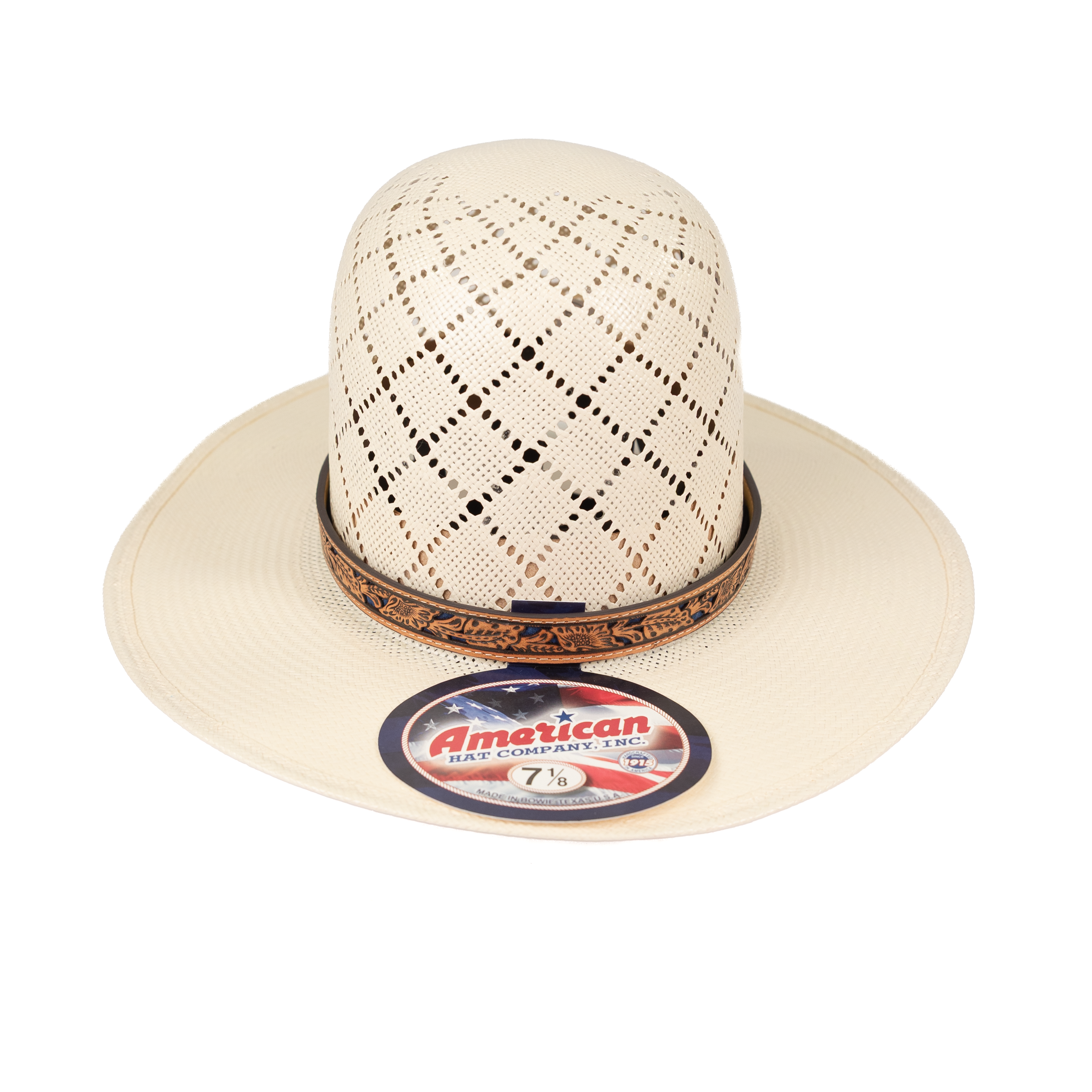 Leather Tooled Hat Band with Blue Underlay