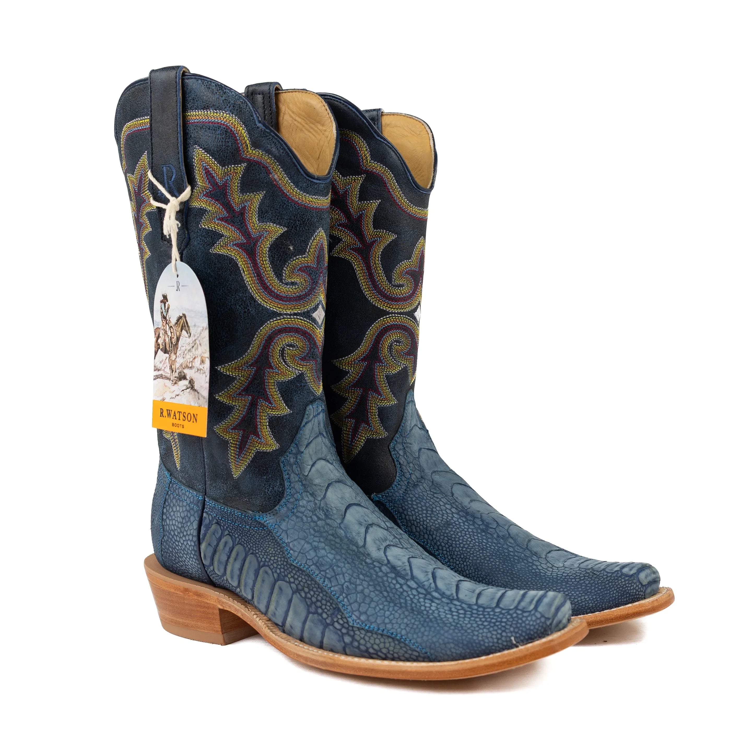 R. Watson Men's Blue Jean Ostrich Leg Cutter Toe Boots RW4800-1