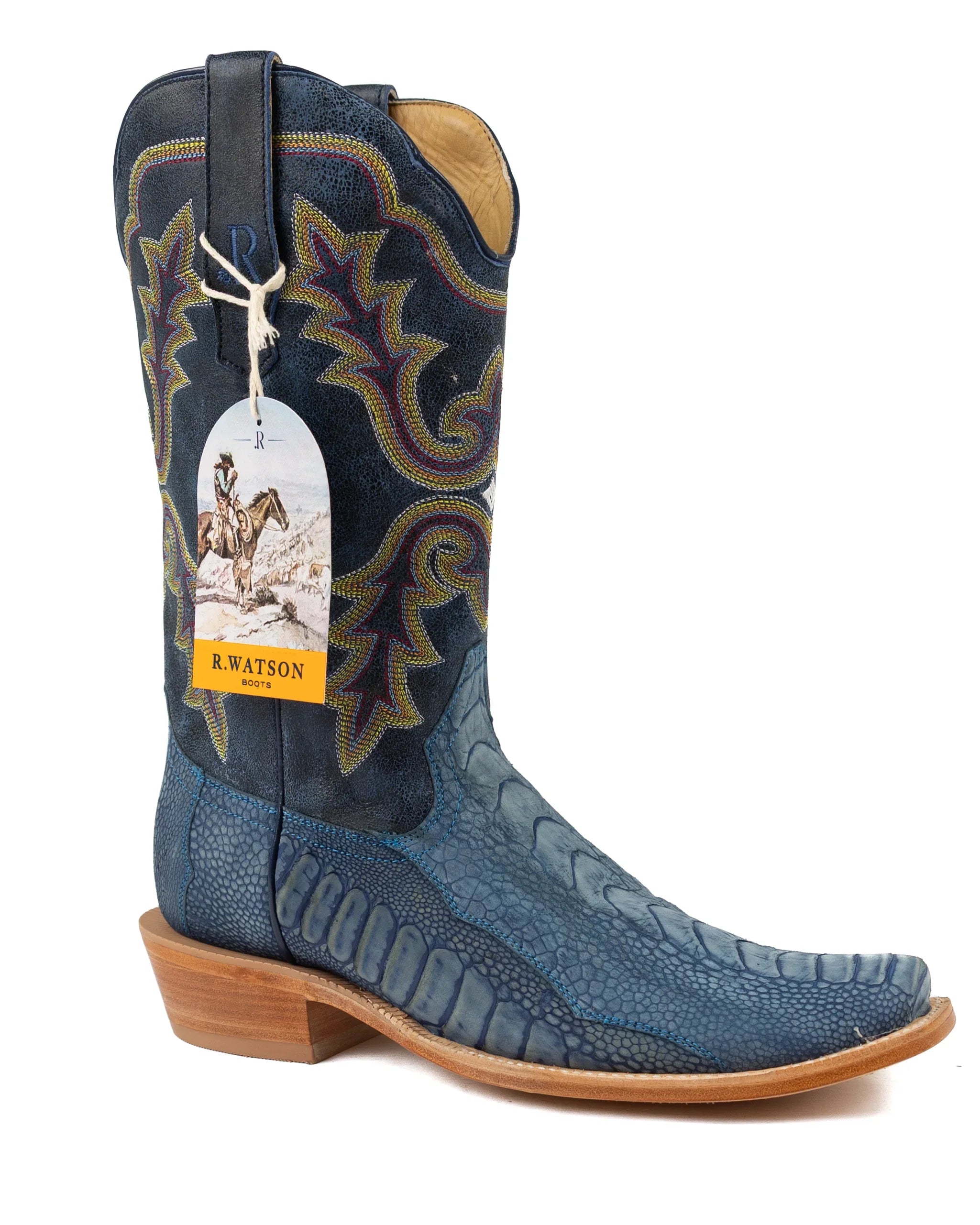R. Watson Men's Blue Jean Ostrich Leg Cutter Toe Boots RW4800-1
