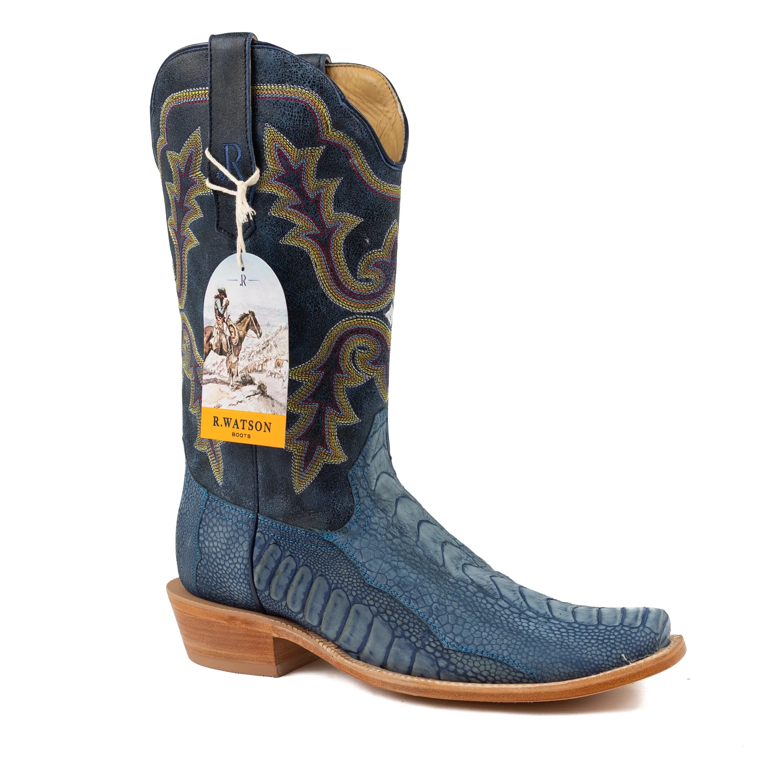 R. Watson Men's Blue Jean Ostrich Leg Cutter Toe Boots RW4800-1