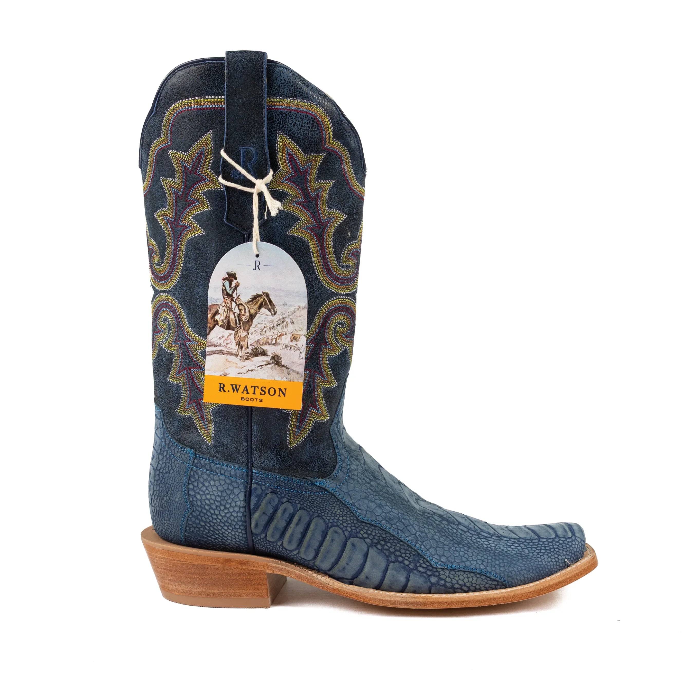 R. Watson Men's Blue Jean Ostrich Leg Cutter Toe Boots RW4800-1