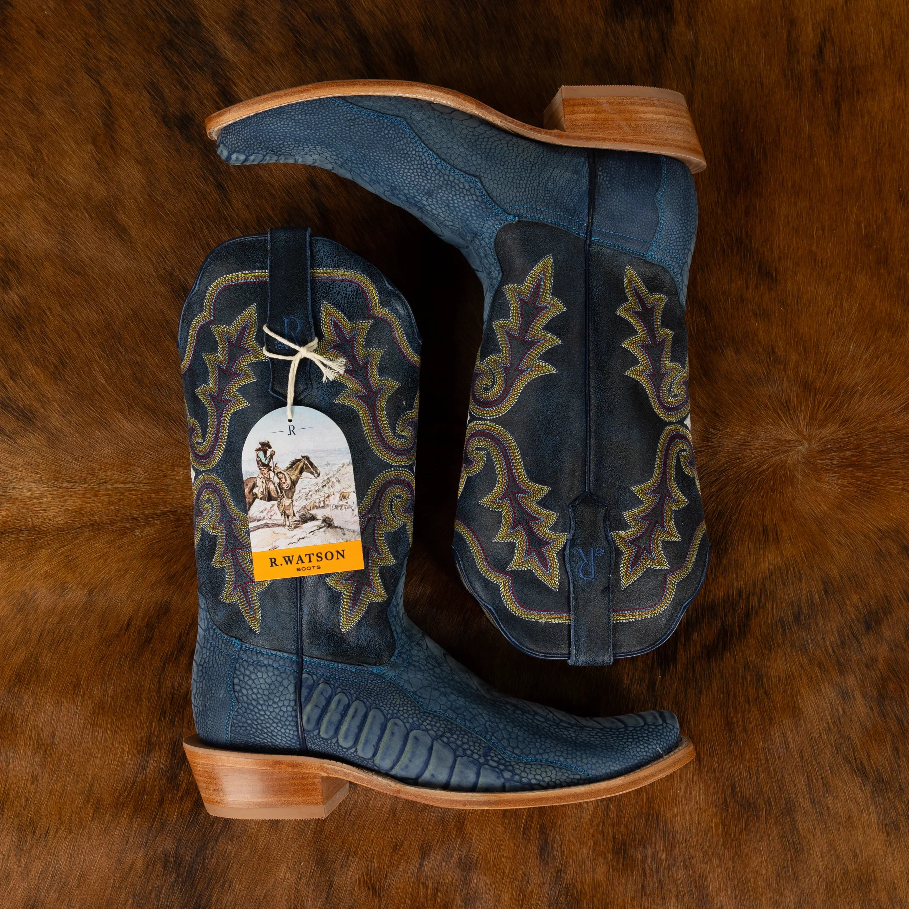 R. Watson Men's Blue Jean Ostrich Leg Cutter Toe Boots RW4800-1