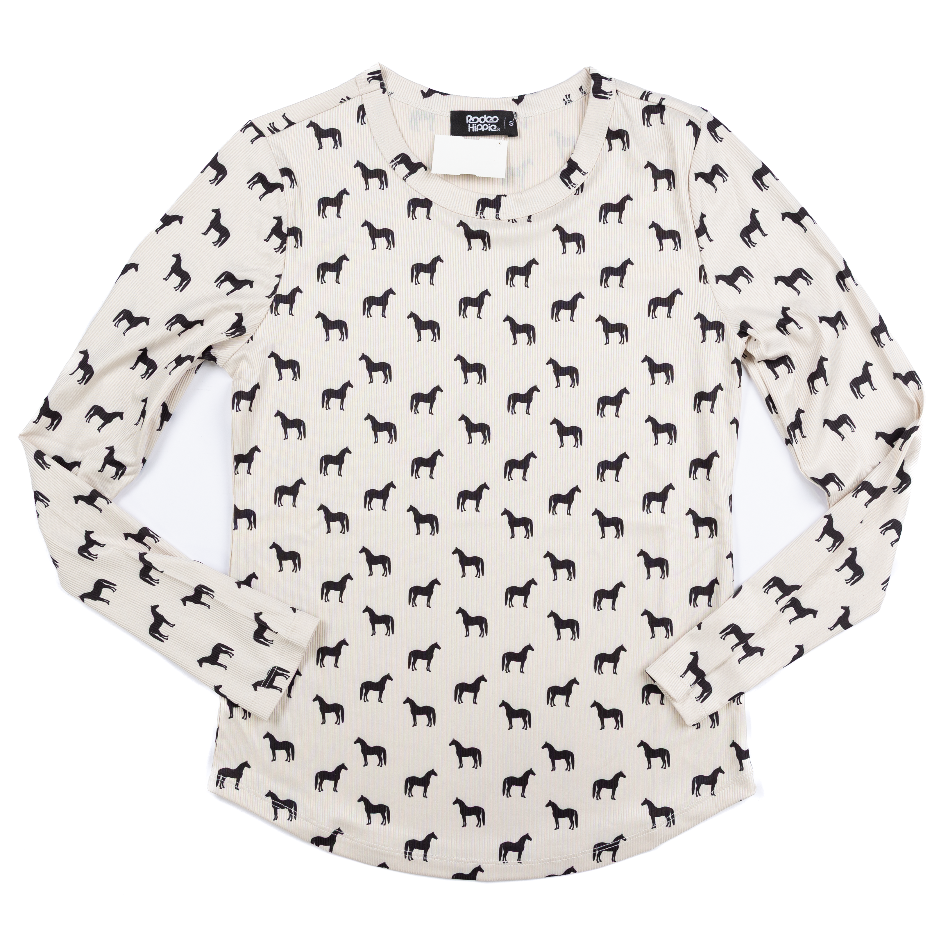 Women's Rodeo Hippie Long Sleeve Beige Shirt with Horses Printed