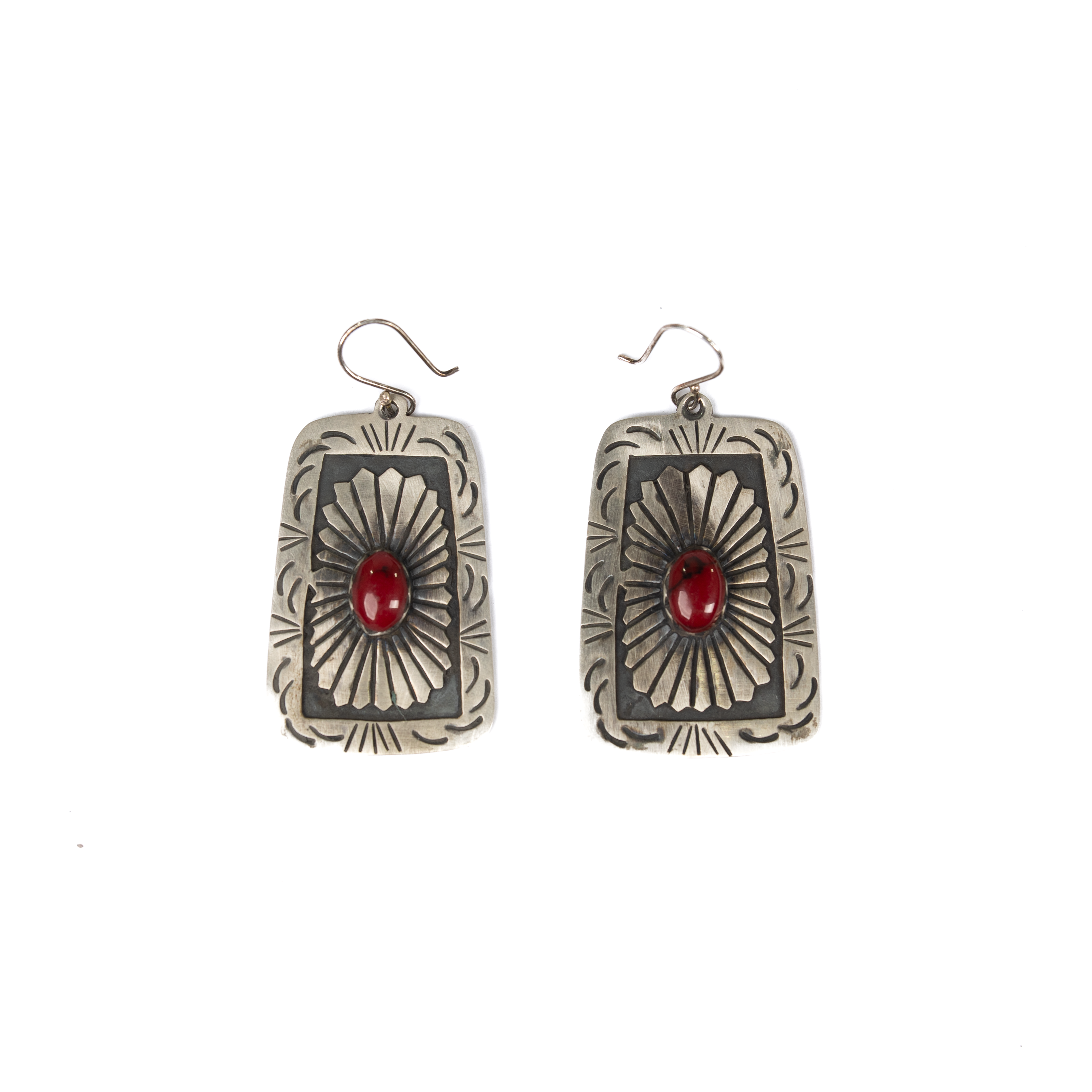 Women's Handmade Silver and Red Matte Concho Dangle Earrings