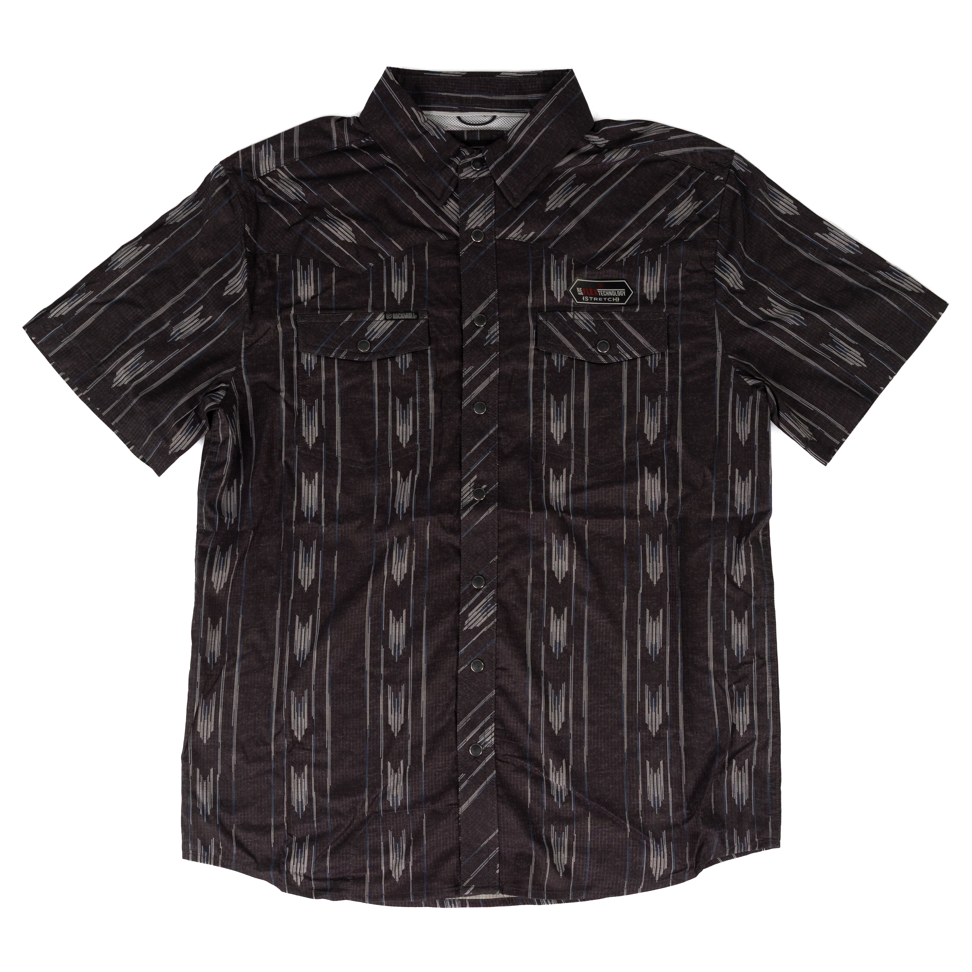 Rock and Roll Denim Men's Short Sleeve Black Geo Printed Tek Snap Shirt BMN3S09456