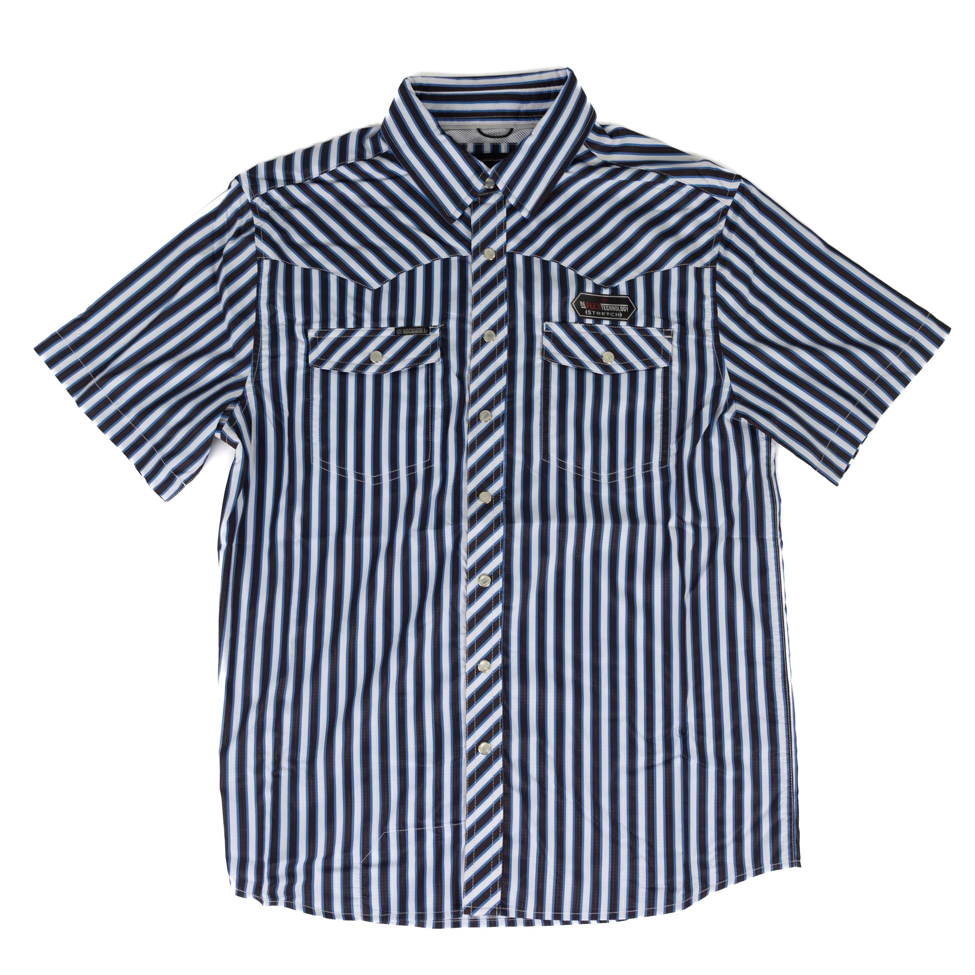 Rock and Roll Men's Short Sleeve Blue Striped Tek Snap Shirt BMN3S09454