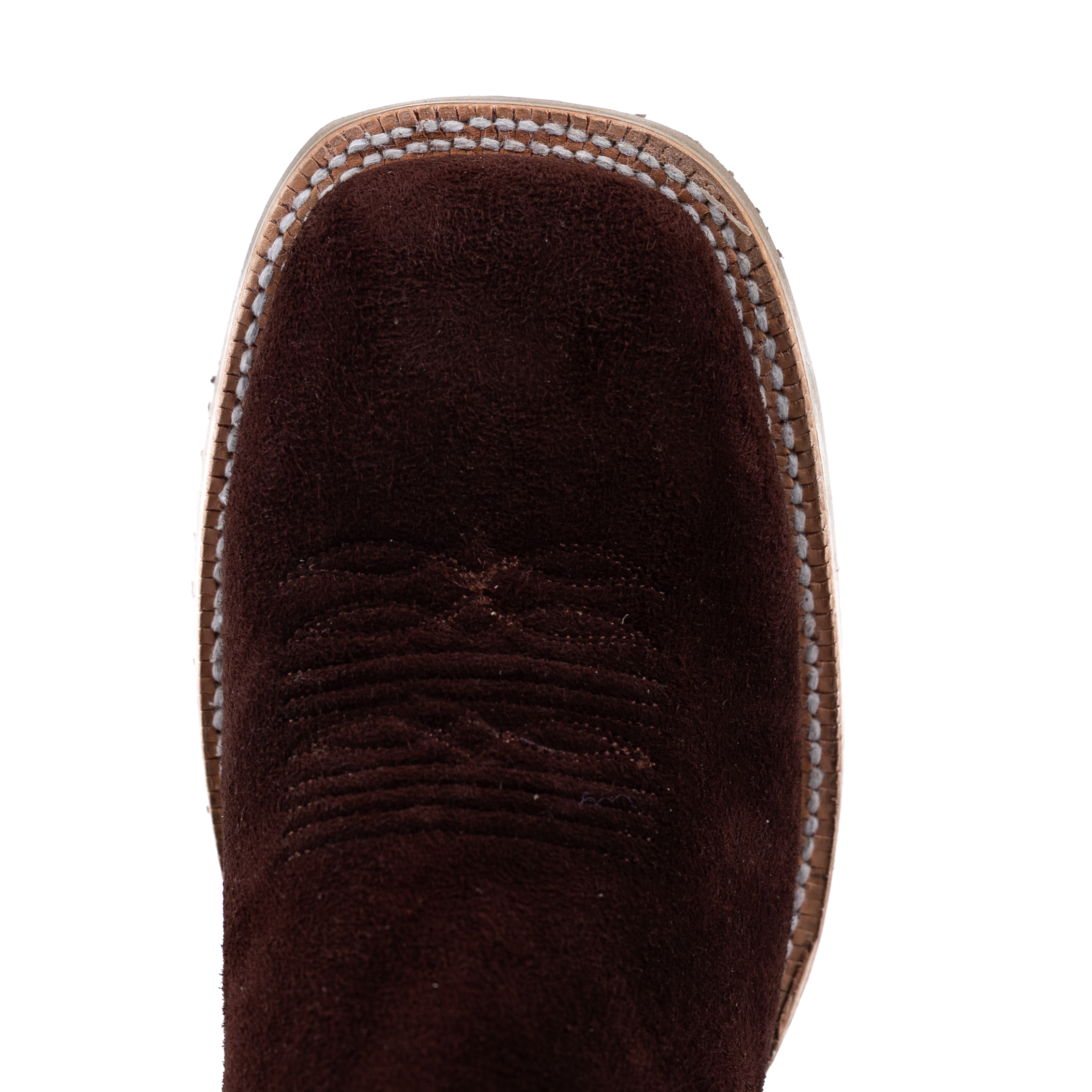 Close-up of a brown suede boot sole on a white background