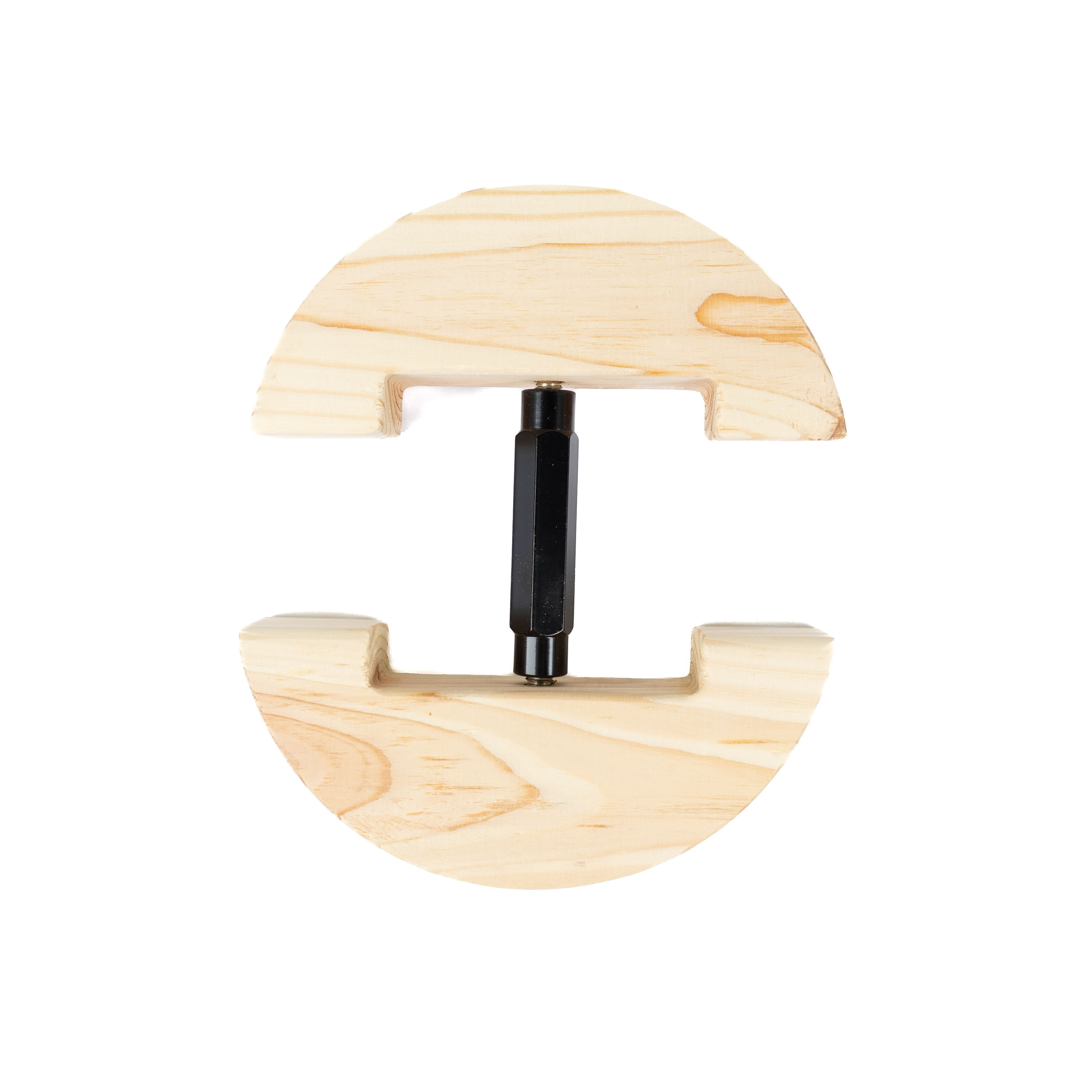 Wooden product with a central black component on a white background