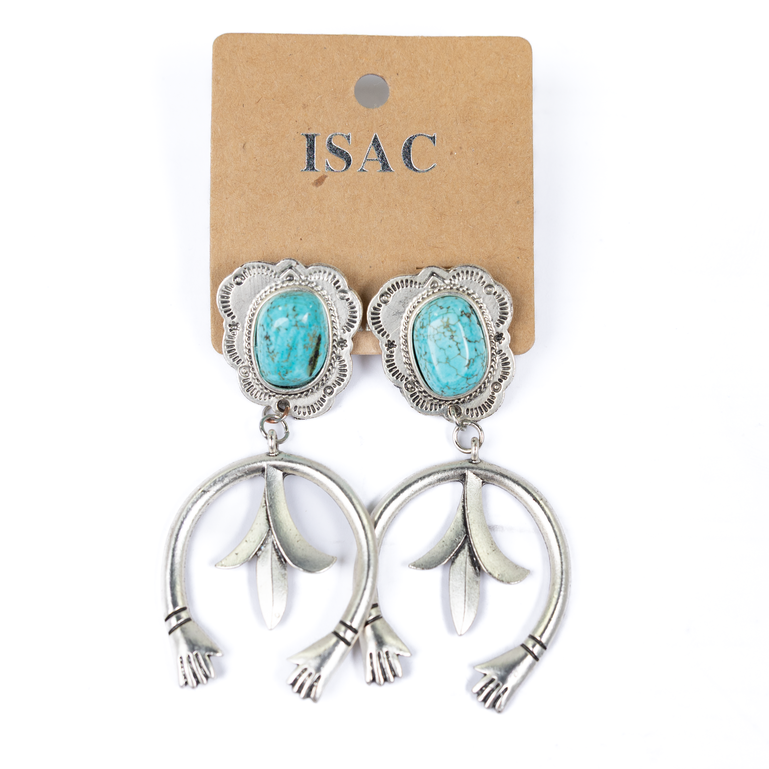 Women's Isac Silver 3" Long Squash Blossom Turquoise Post EArrings 722825
