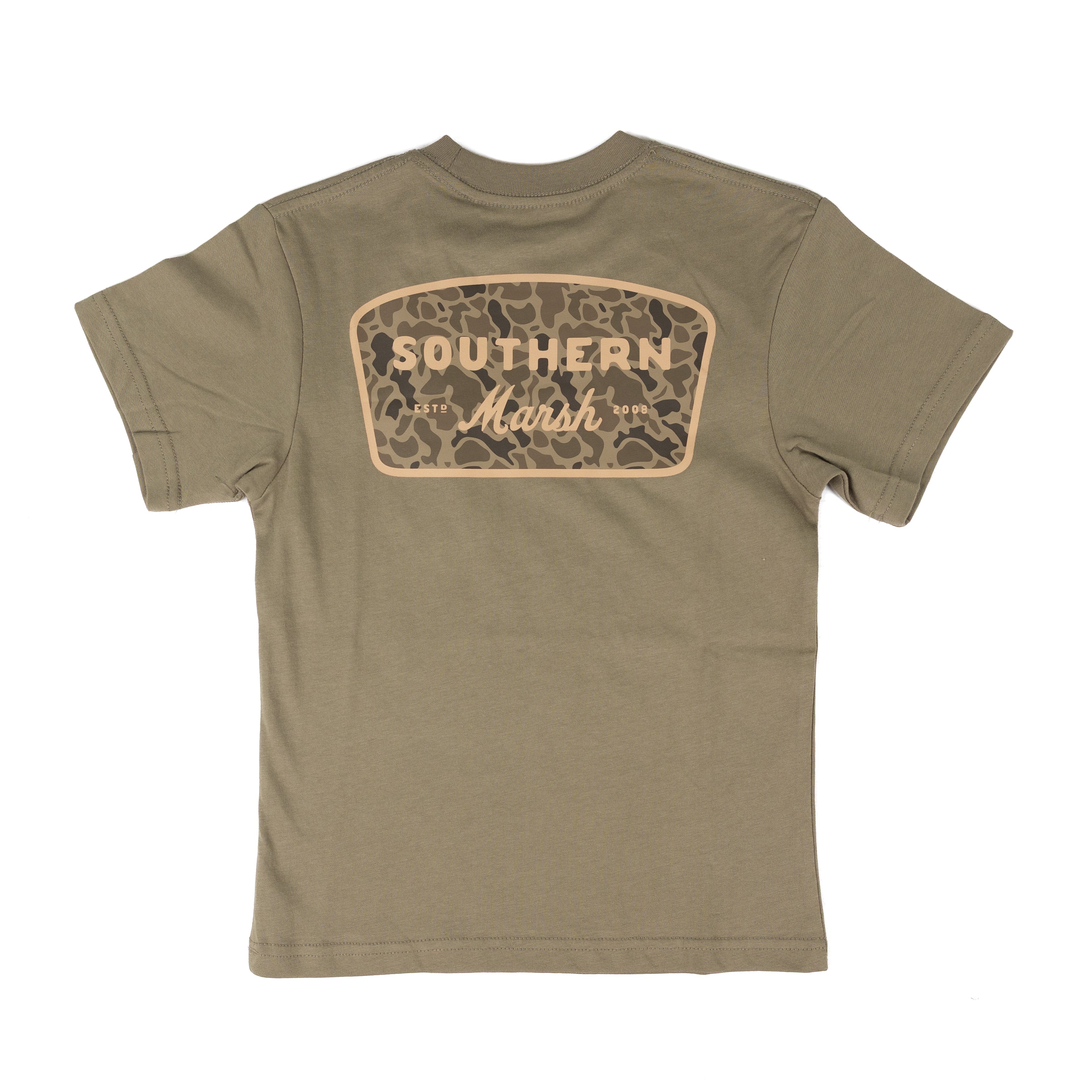 Southern Marsh Boy's Short Sleeve Olive Retro Camo Branding T-shirt YACMB-SWO