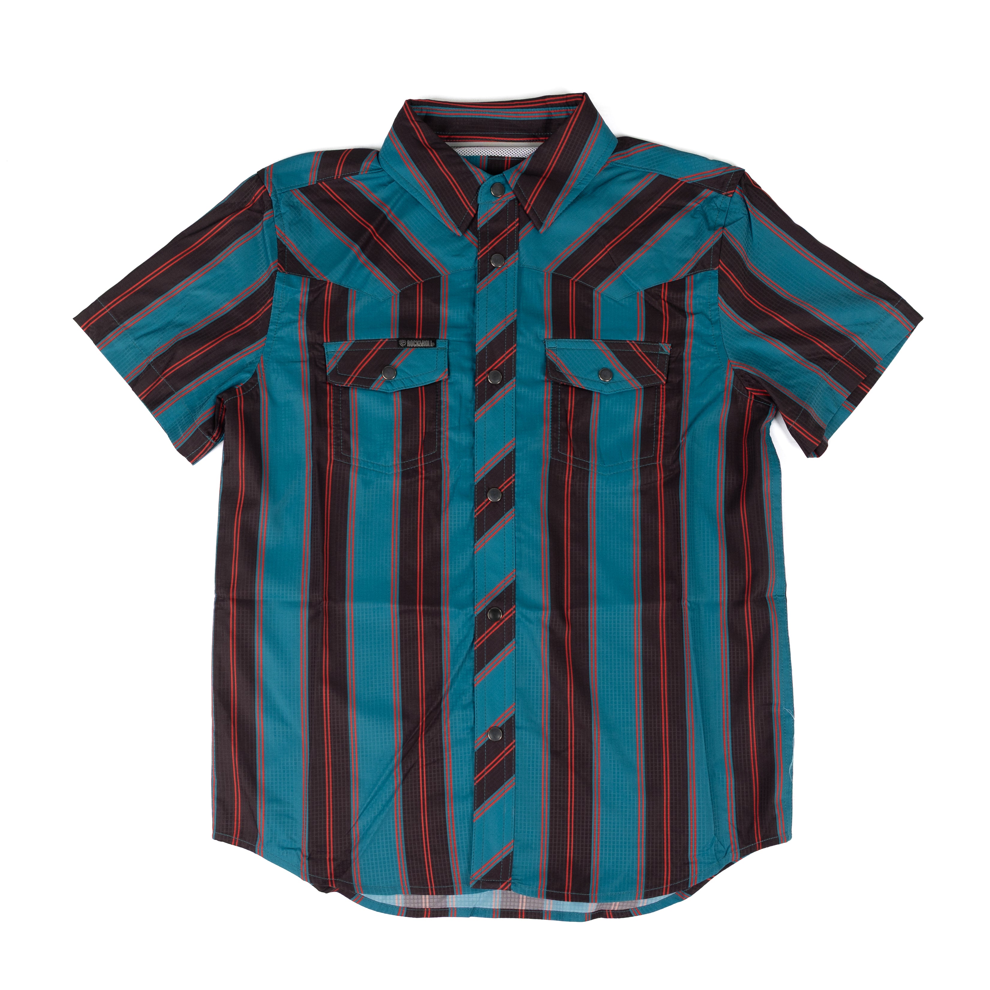 Rock and Roll Boy's Short Sleeve Teal Stripe TEK Snap Shirt BBN3S09453