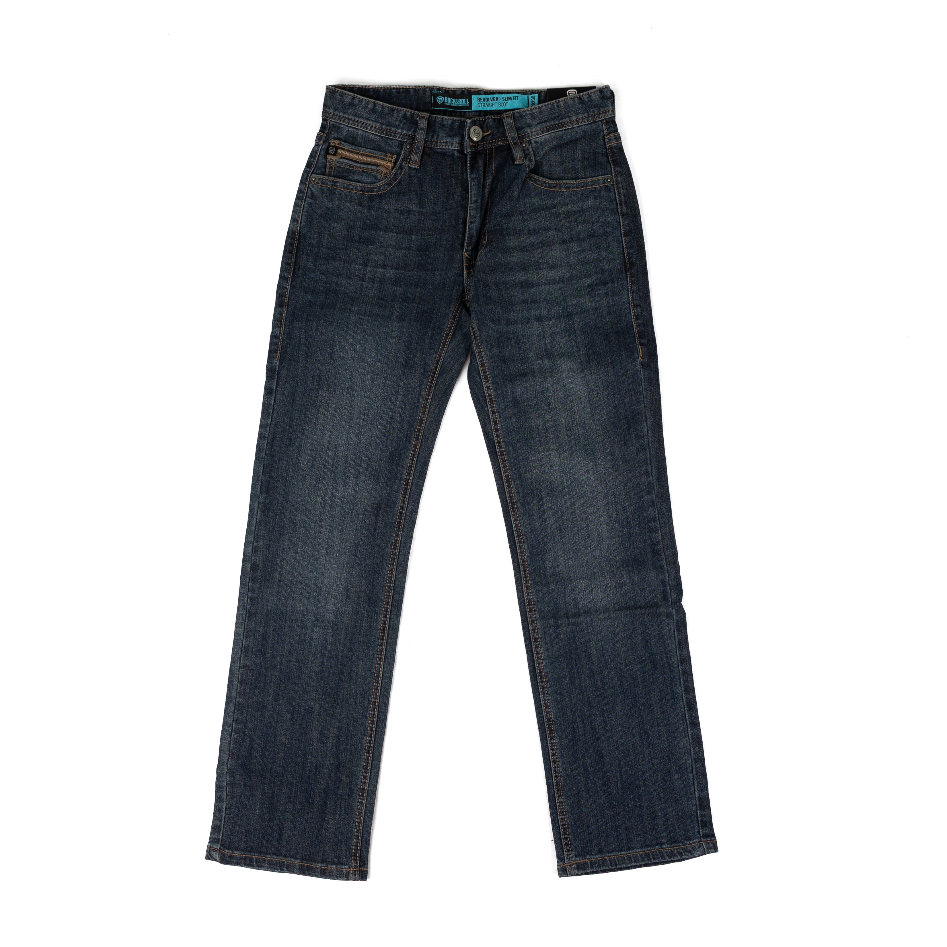 Rock and Roll Men's Mid Wash Pleather Embroidered Revolver Straight Bootcut Jeans BM1RD09810