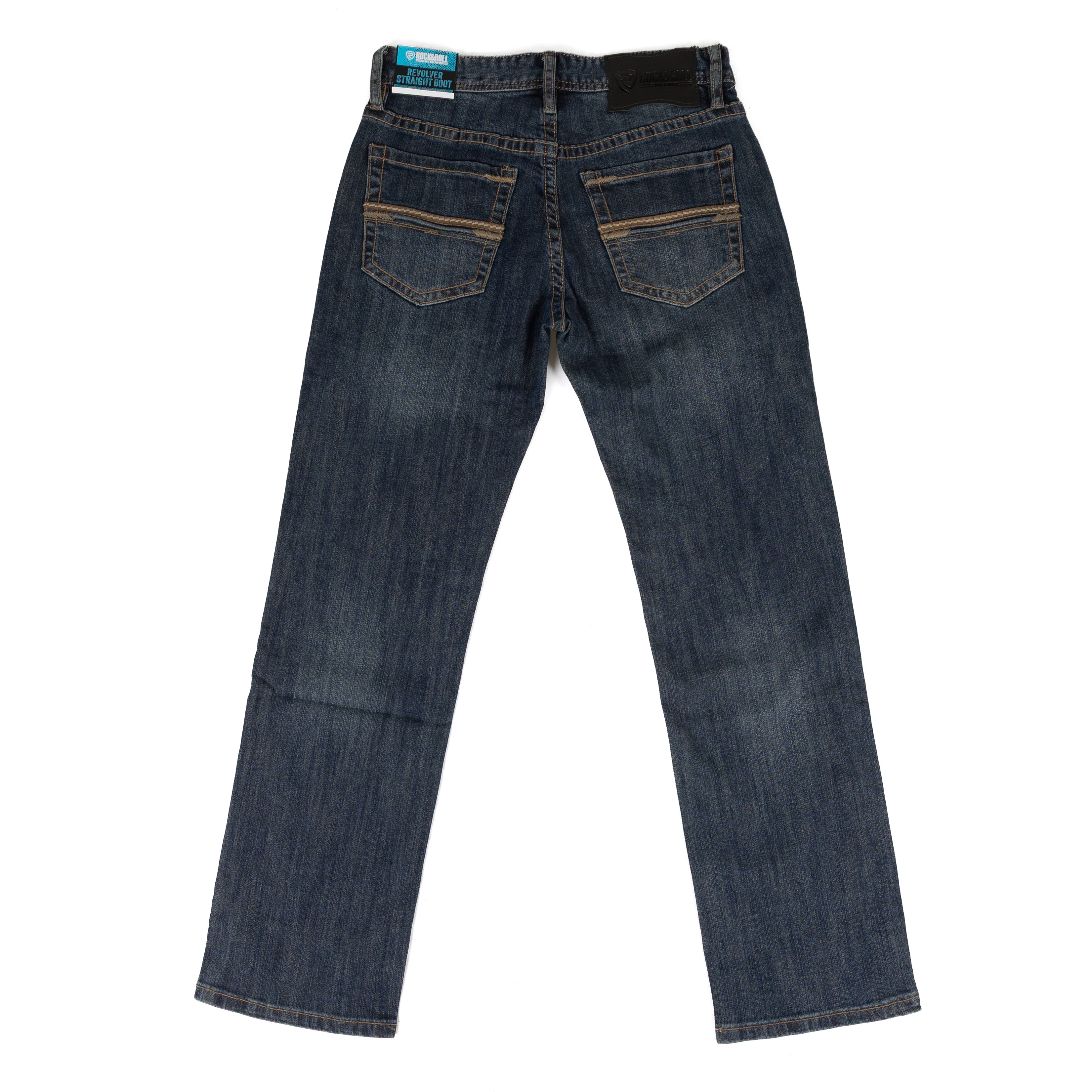 Rock and Roll Men's Mid Wash Pleather Embroidered Revolver Straight Bootcut Jeans BM1RD09810