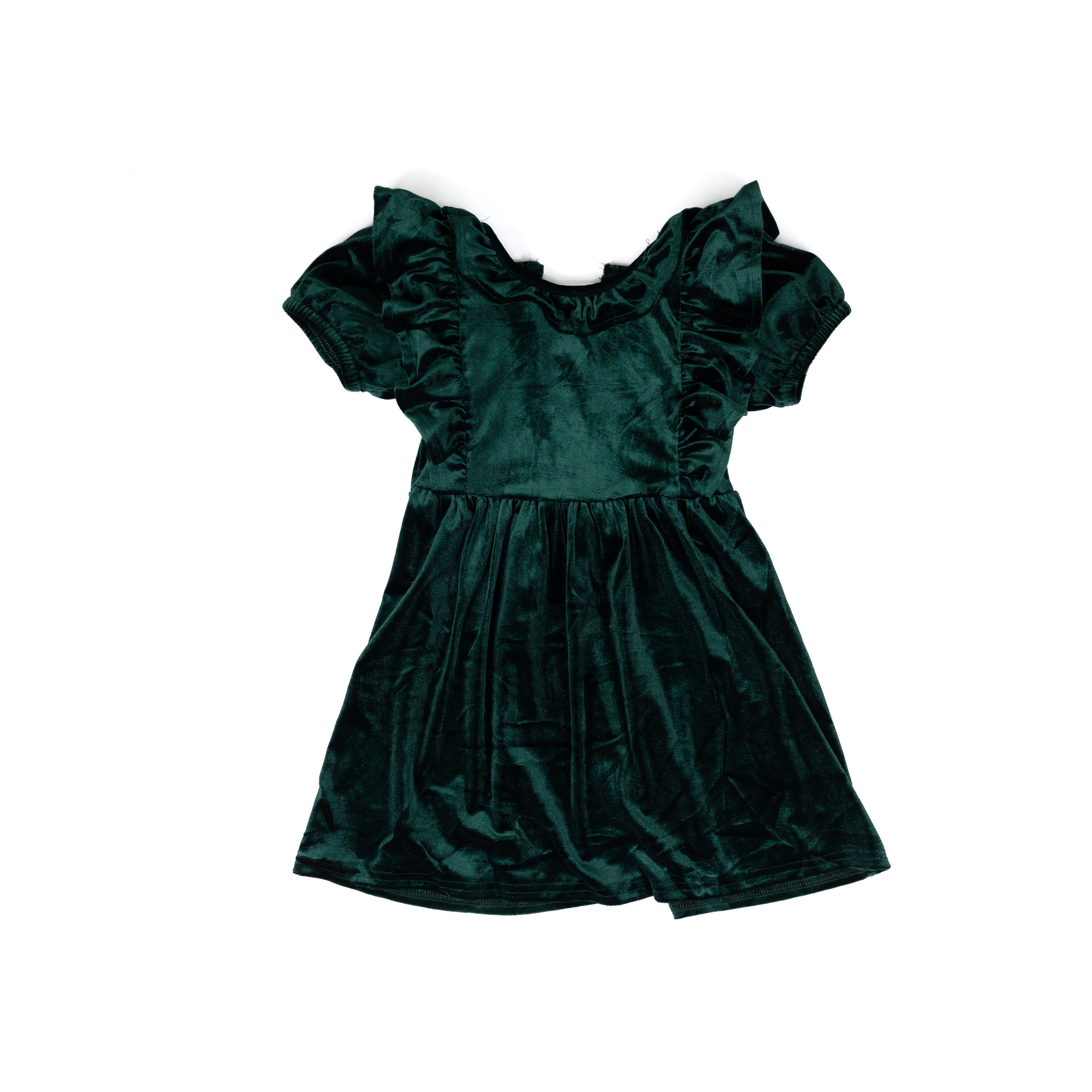 Girl's Short Sleeve Dark Green Velvet Ruffle Dress DRG42933
