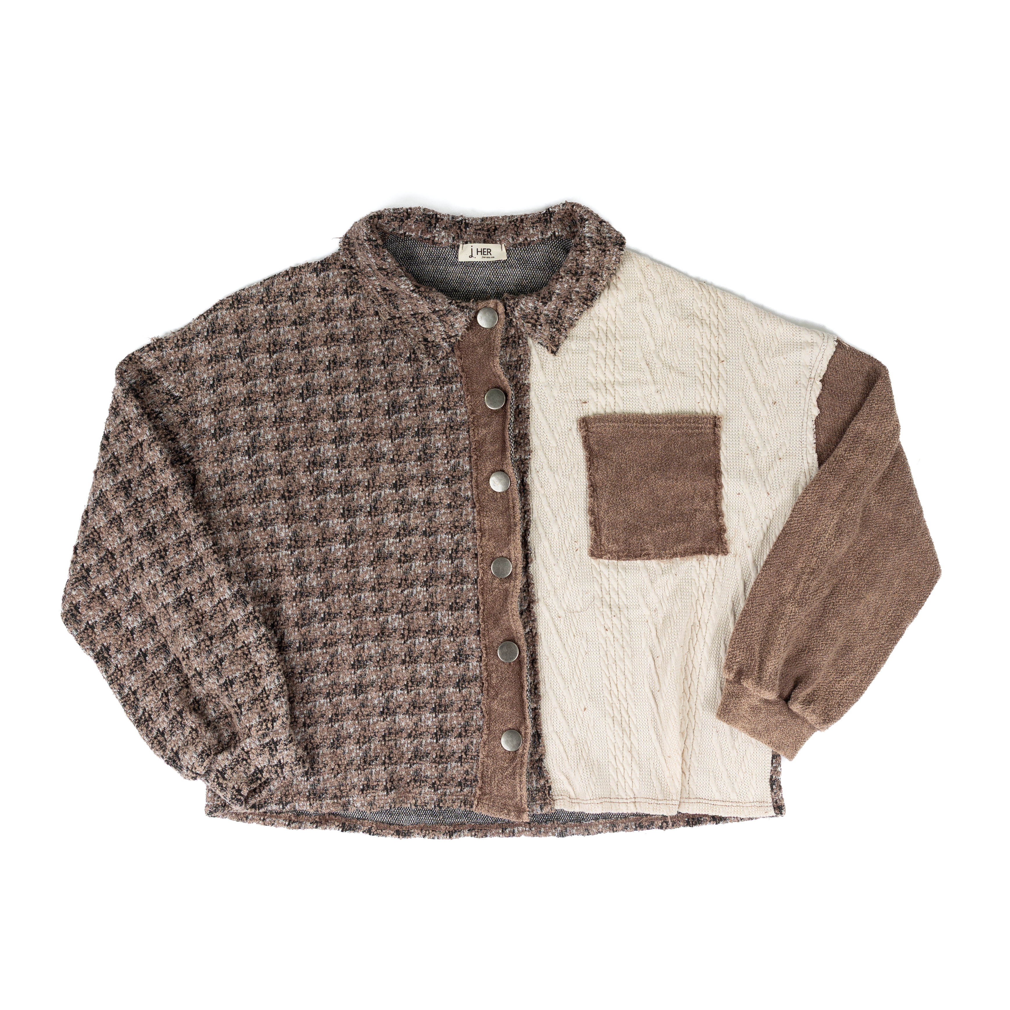 Women's Chocolate Mineral Washed Tweed Sweater Detail Shacket HT6763