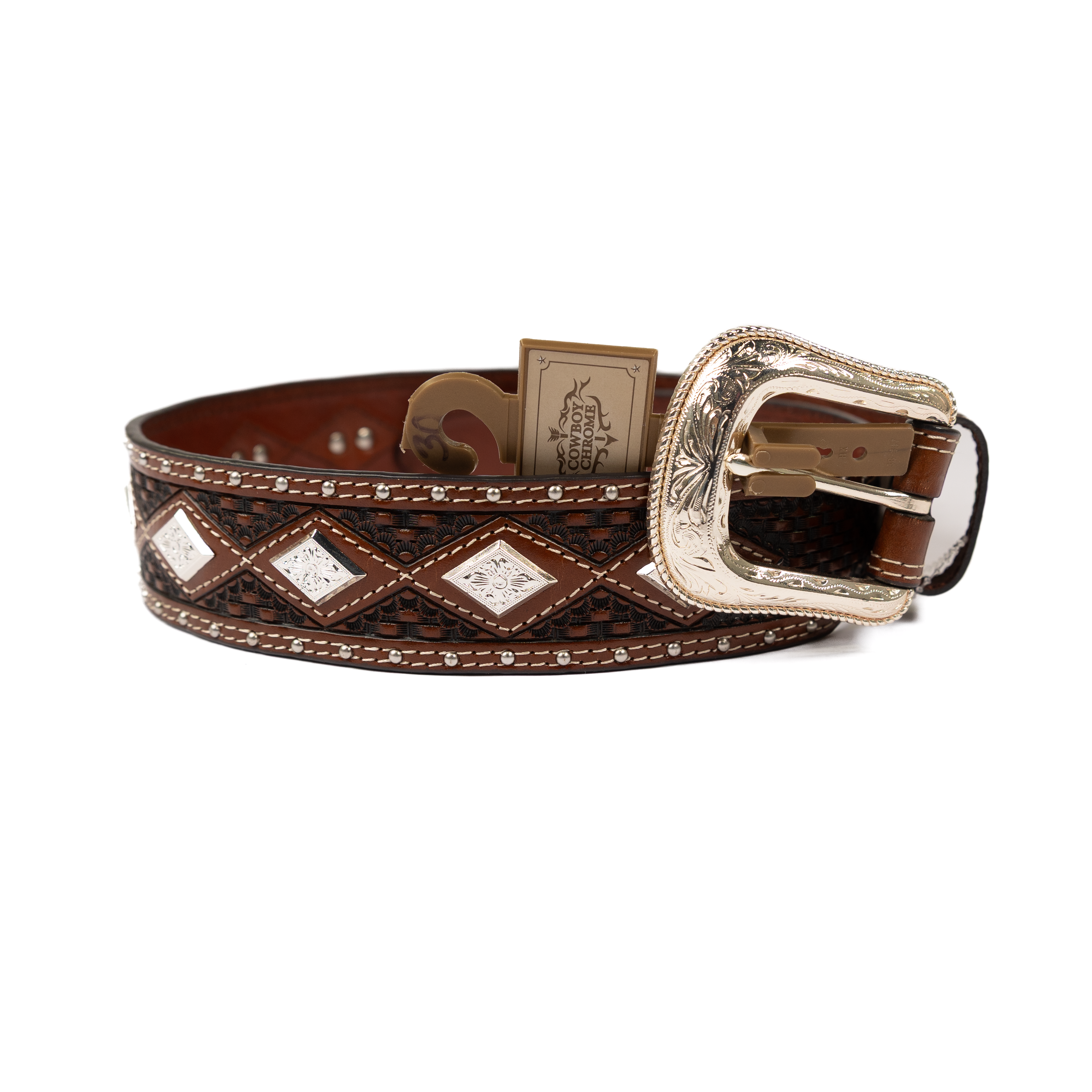 Men's Cowboy Chrome Brown Leather Belt with Silver Diamond Conchos