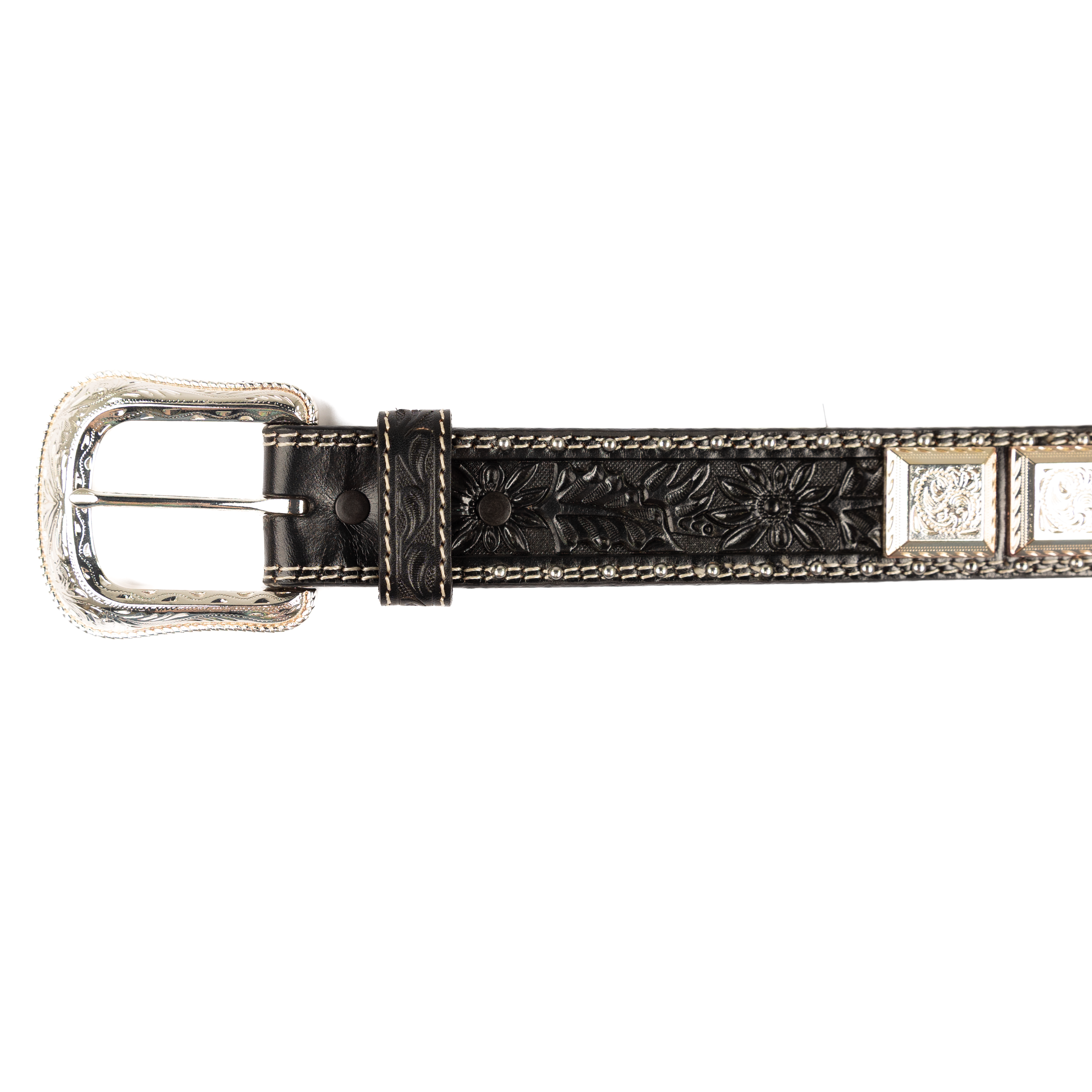Men's Cowboy Chrome Black Leather Belt with Conchos 1841