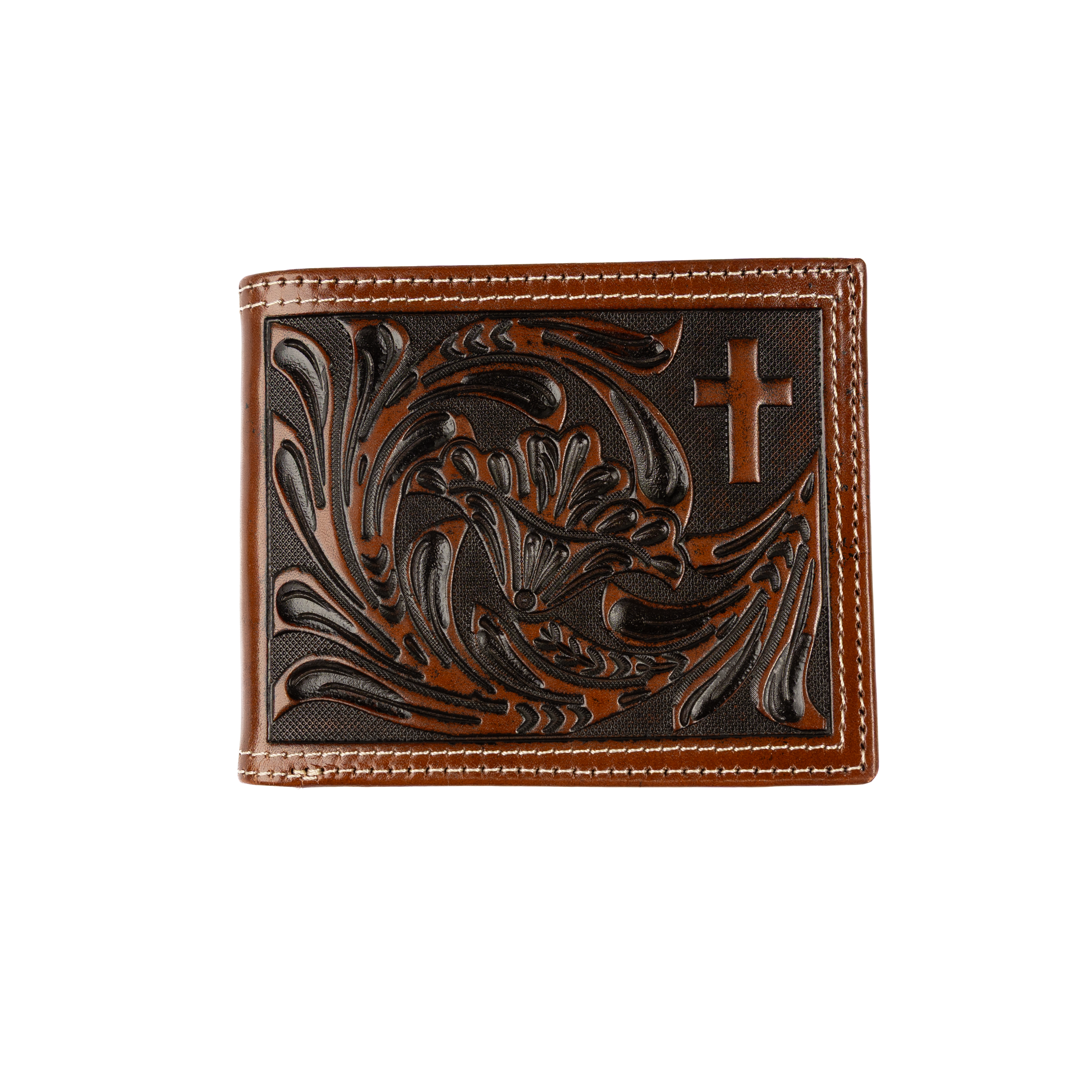 Men's Cowboy Chrome Brown Tooled Leather with Cross Wallet W676