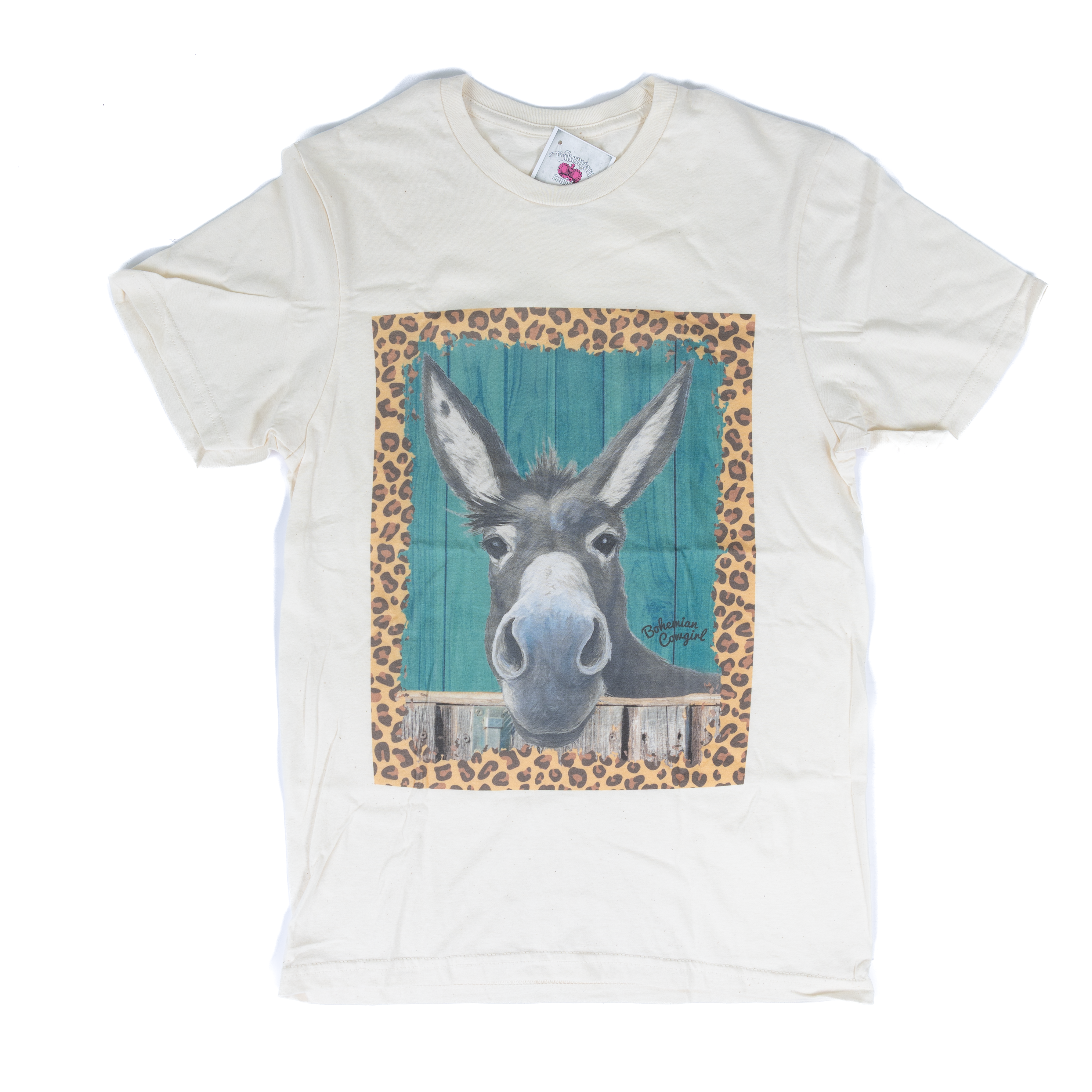 Women's Cream Short Sleeve Donkey Cheetah Print Frame T-shirt