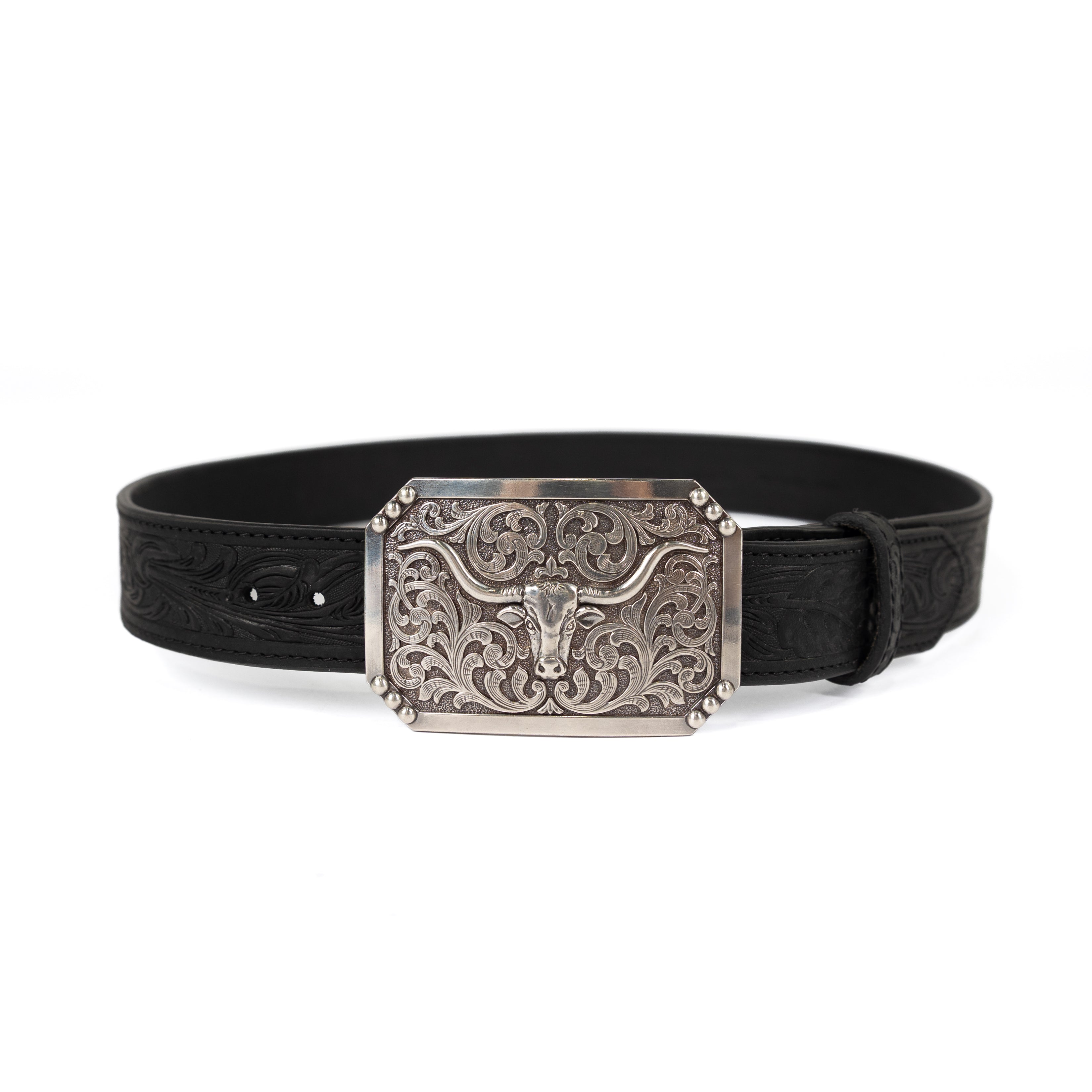 3D Men's Black Floral Tooled Belt with Longhorn Buckle