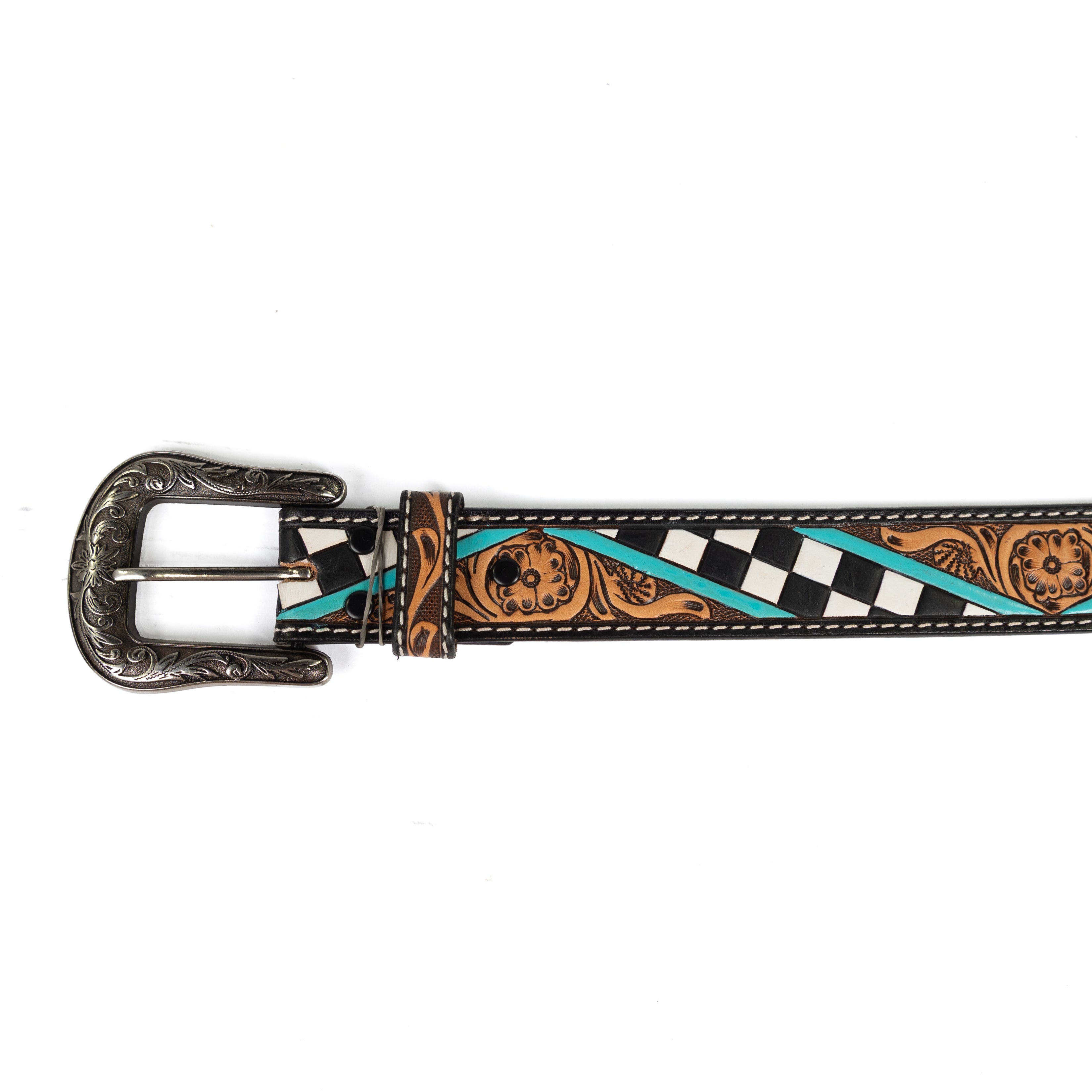 Angel Ranch Women's Checkerboard Hand Painted Tooled Leather Belt