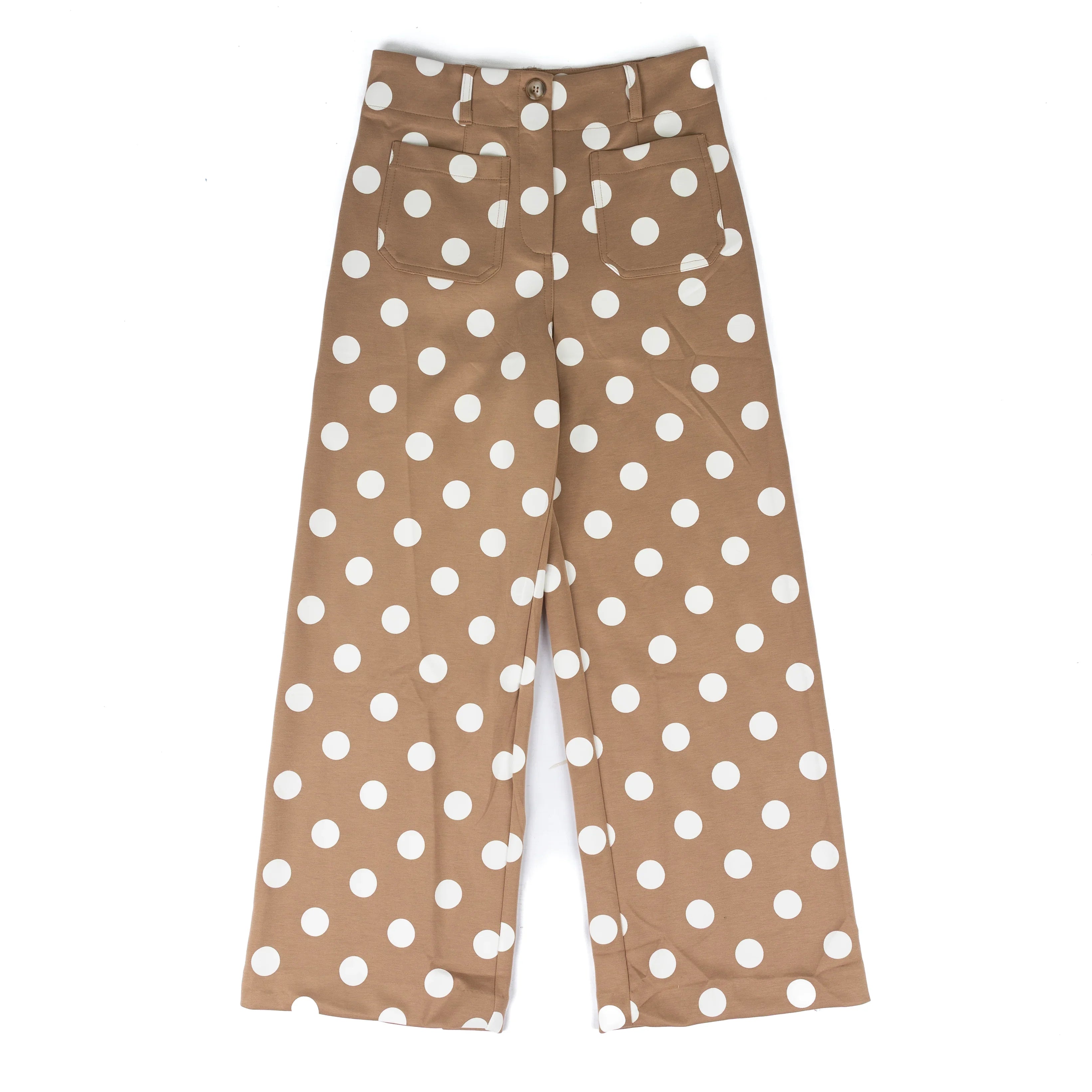 Women's Tan and White Polka Dot High-Rise Wide Leg Pants IP19290