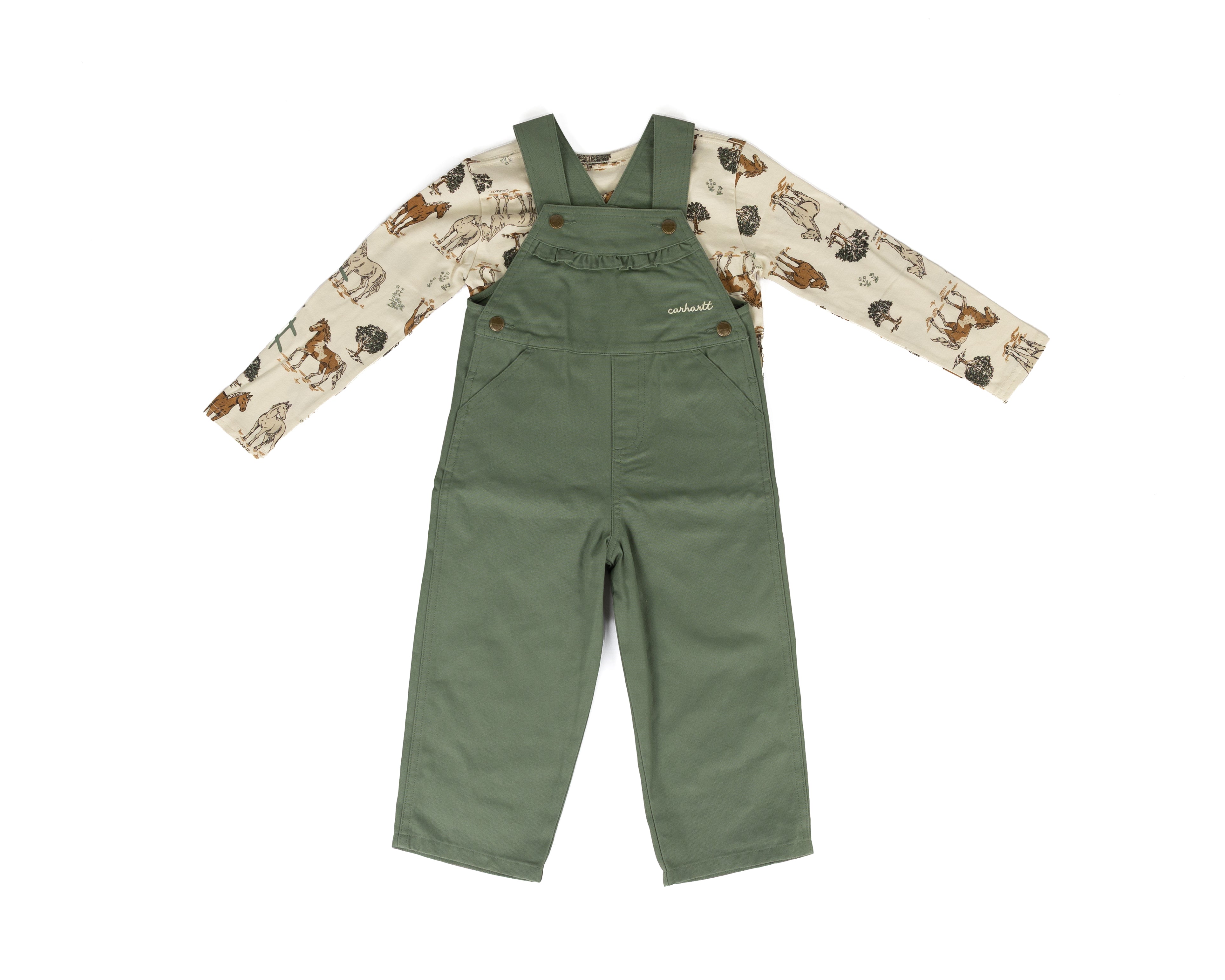 Carhartt Girl's 2 Piece Long Sleeve Horse Tee with Green Overalls (2T-4T) CG9988GN7