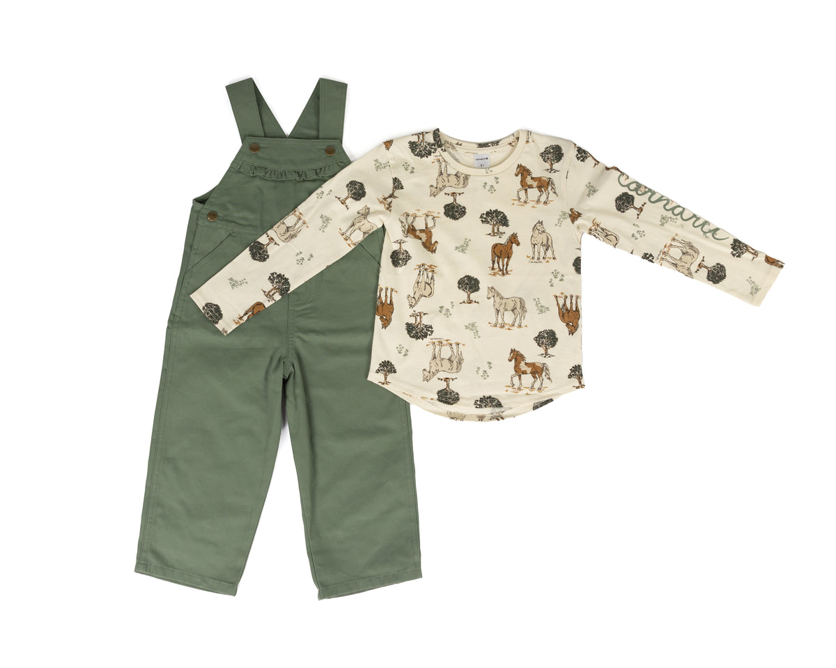 Carhartt Girl's 2 Piece Long Sleeve Horse Tee with Green Overalls (2T-4T) CG9988GN7