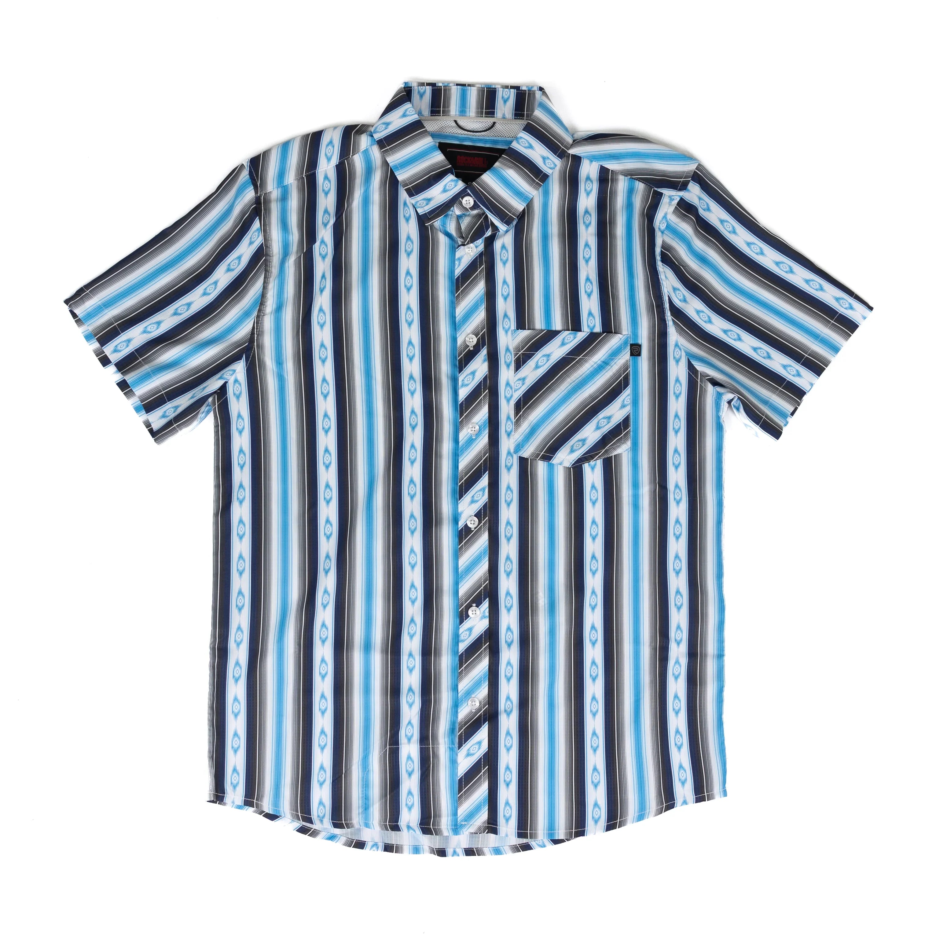 Men's Rock and Roll Short Sleeve Blue Aztec Stripe Tek Western Button Up BMB3S08685