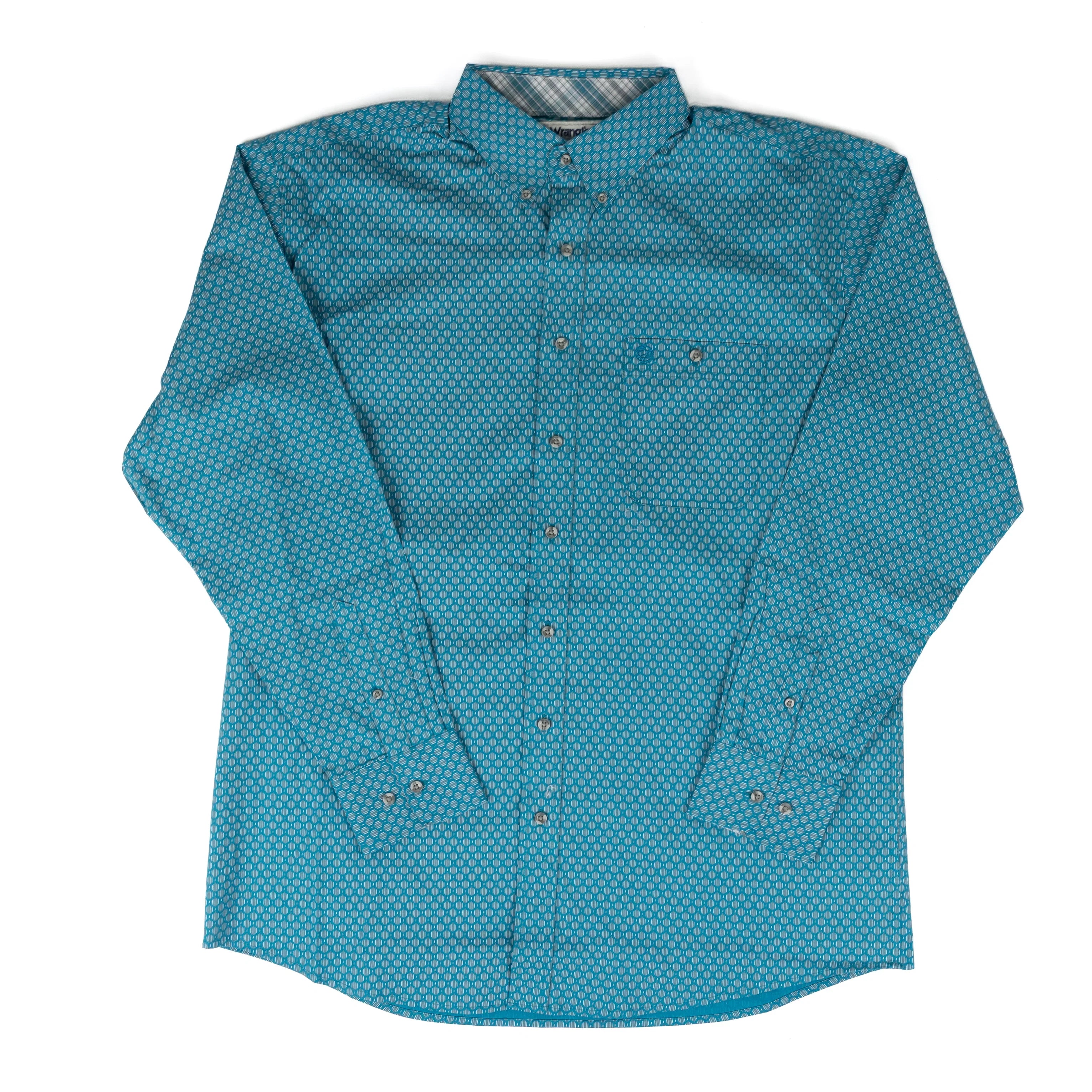 Men's Wrangler George Strait Teal Geo Print Button Down Shirt 112381971