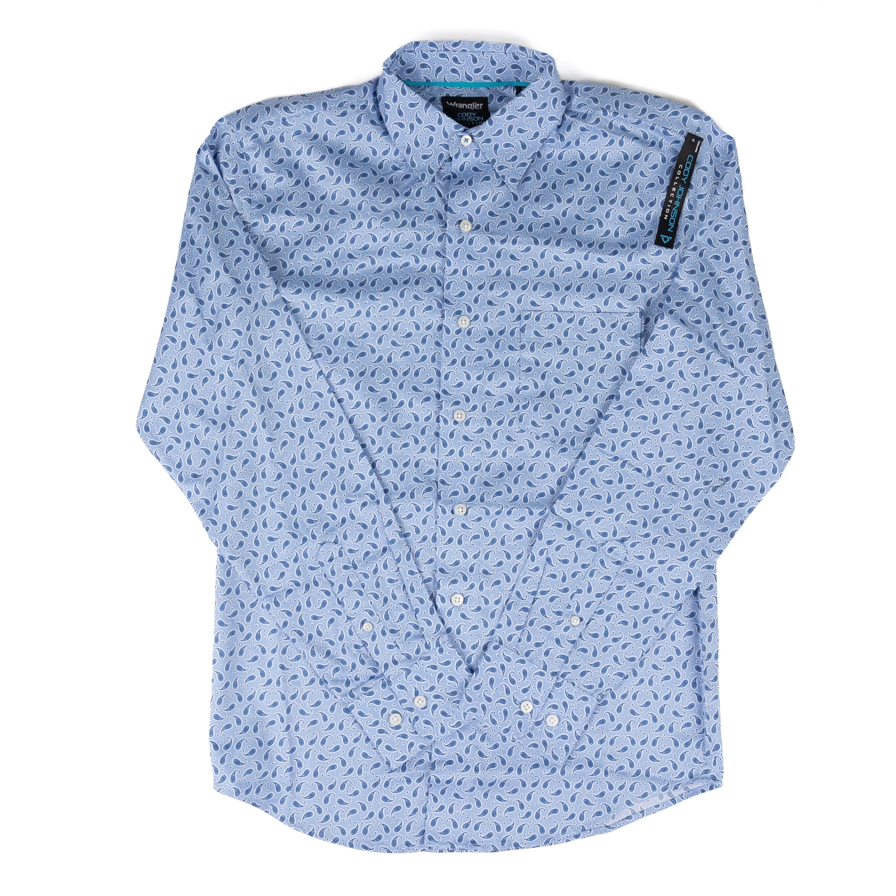 Men's Wrangler Long Sleeve Cody Johnson Light Blue Paisley Printed Button Up 112381547