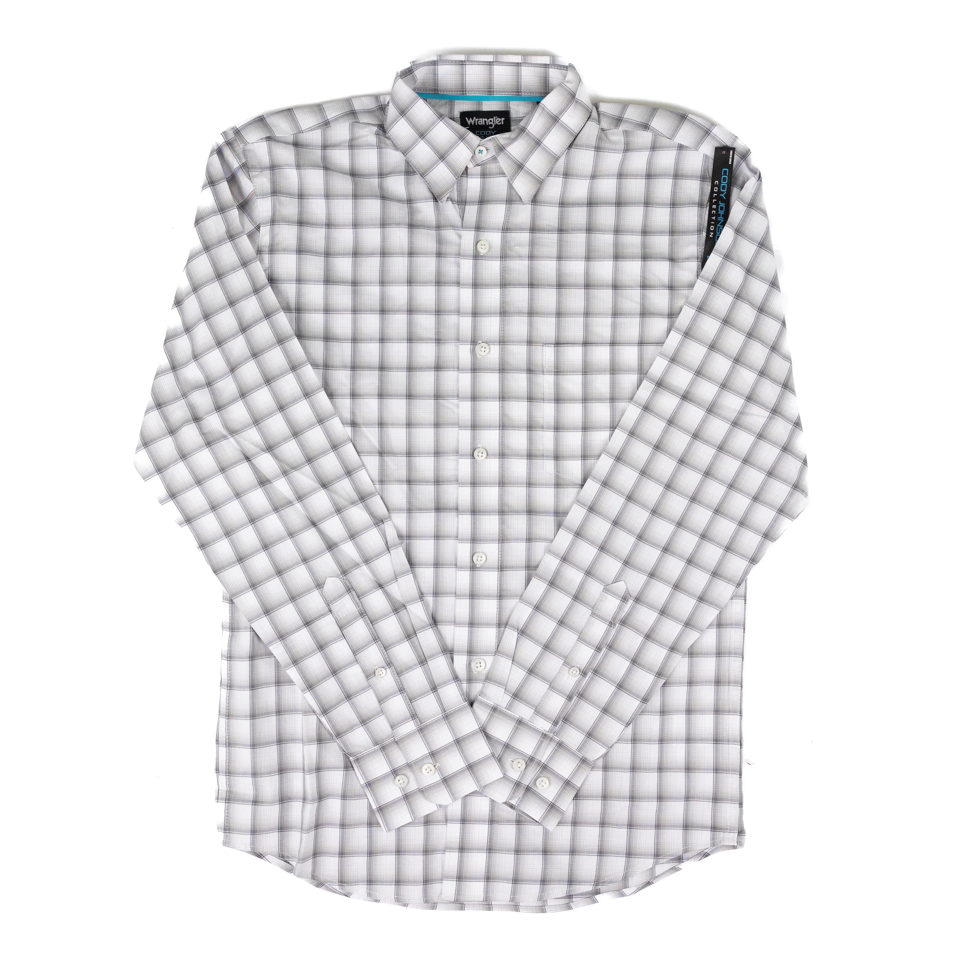 Men's Wrangler Cody Johnson Gray and White Plaid Button Down Shirt 112381514