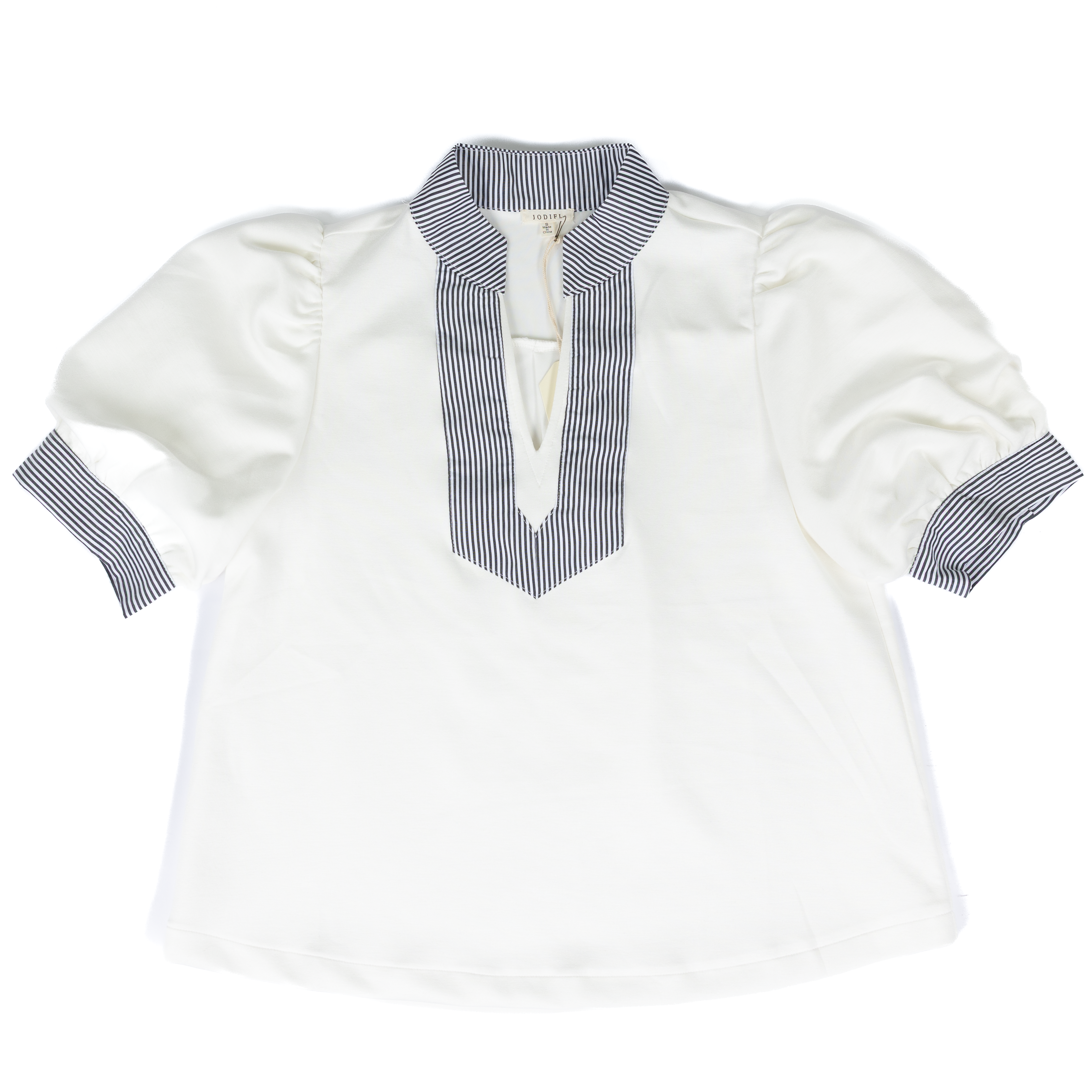 Women's Jodifl White and Striped Puff Sleeve Blouse B13435
