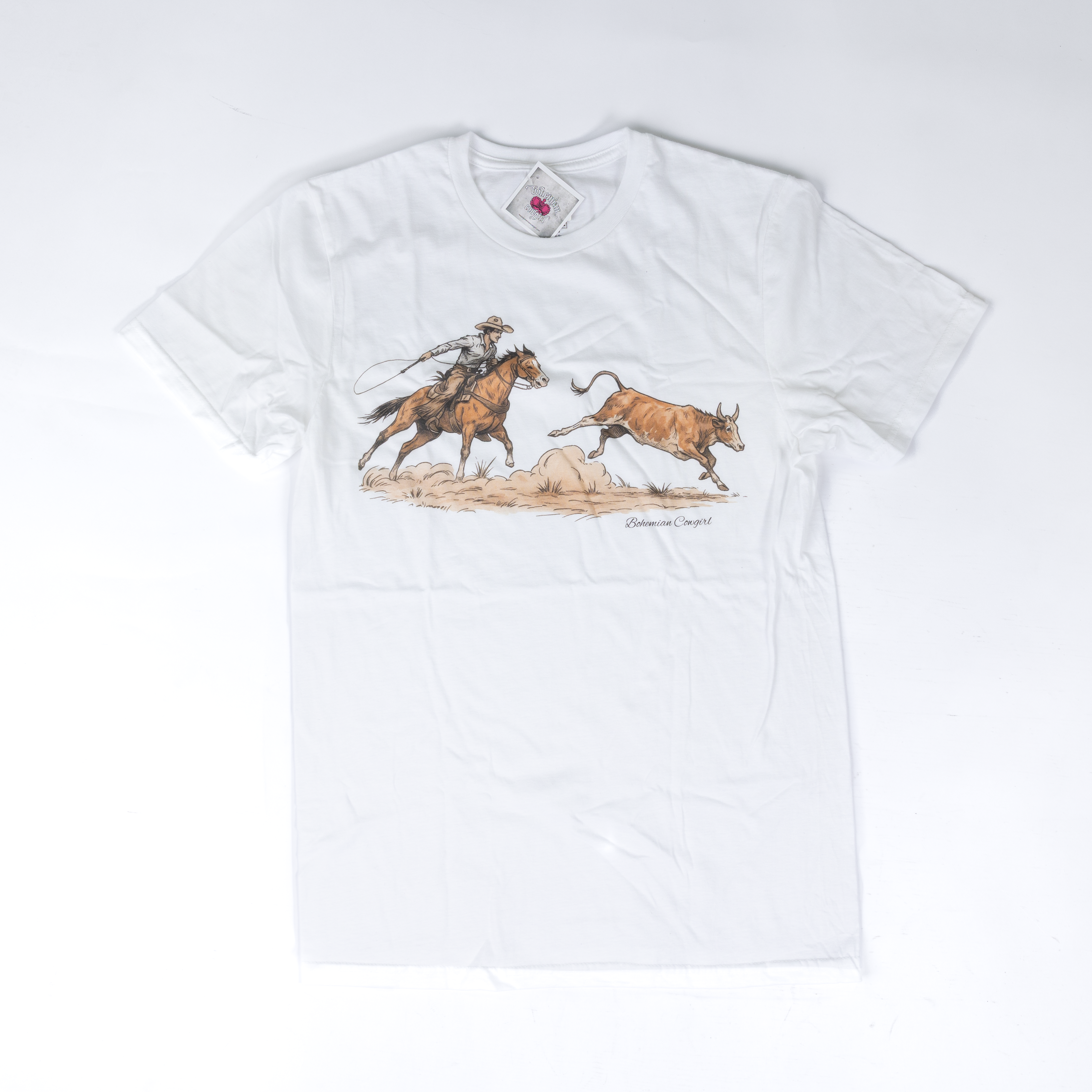 Women's White Short Sleeve Roping Cowboy T-shirt