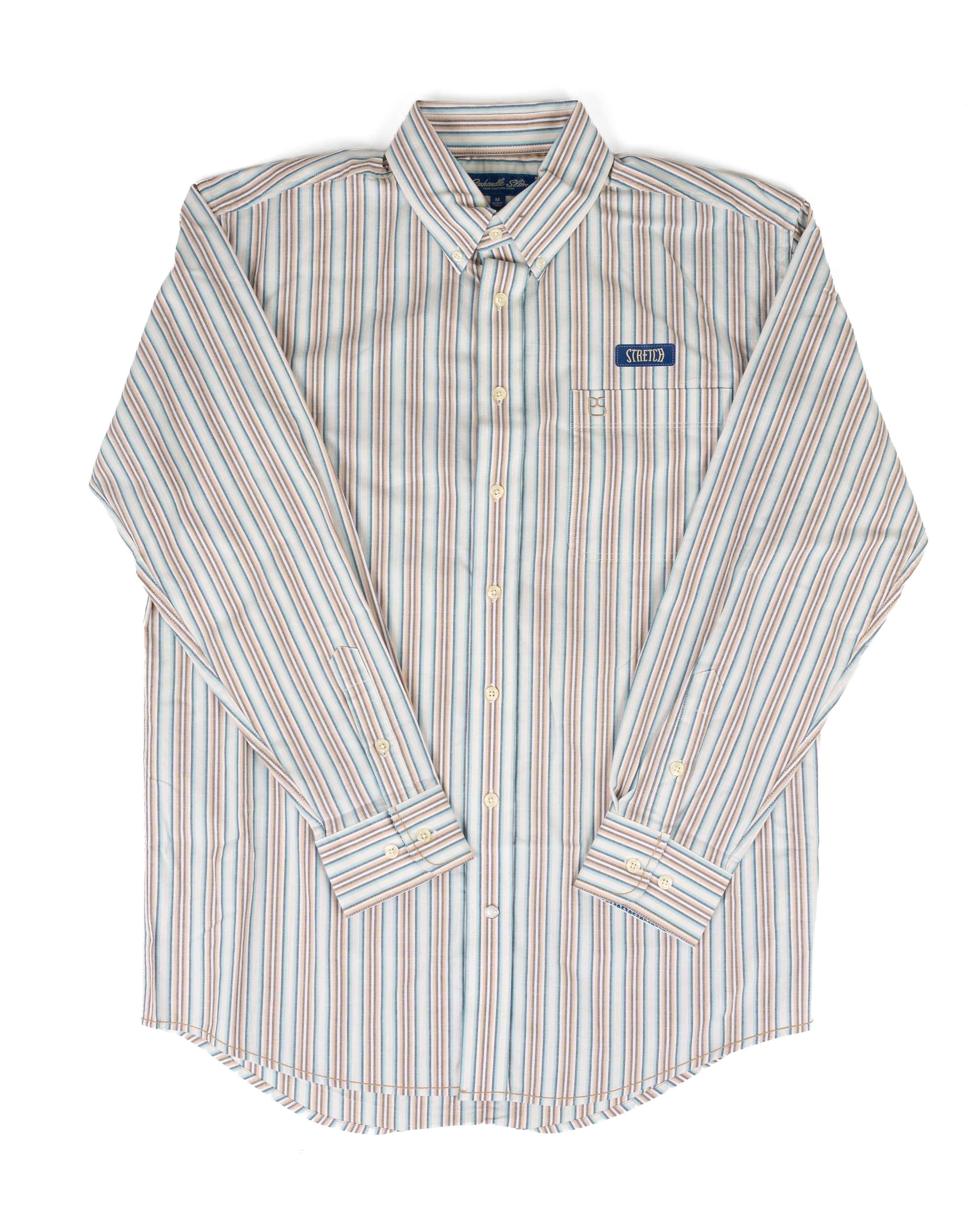 Panhandle Men's Long Sleeve Blue and Tan Striped Button Down Shirt RMB2S09527