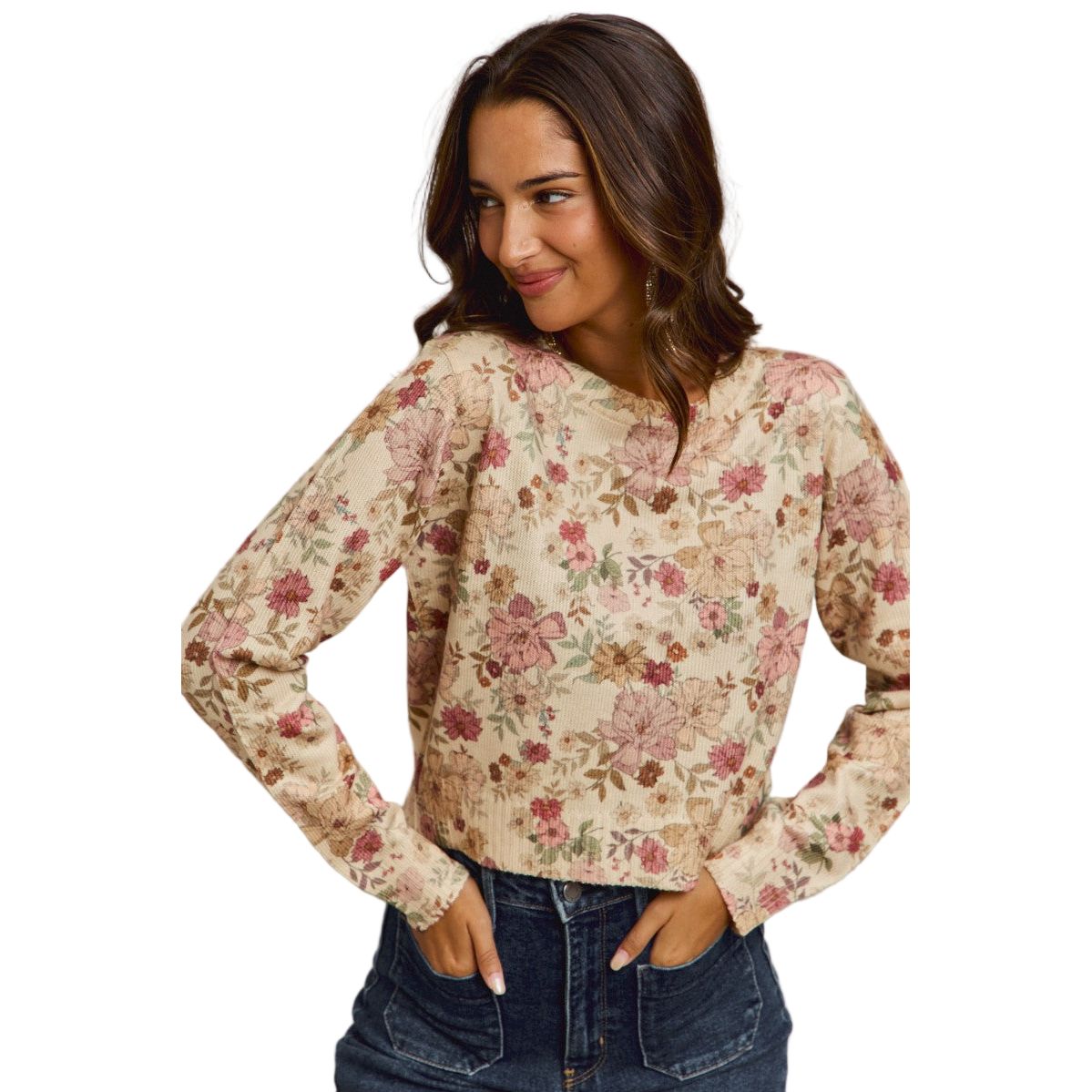 Women's Floral Crew Neck Long Sleeves Sweater Knit Top ST3677F-01