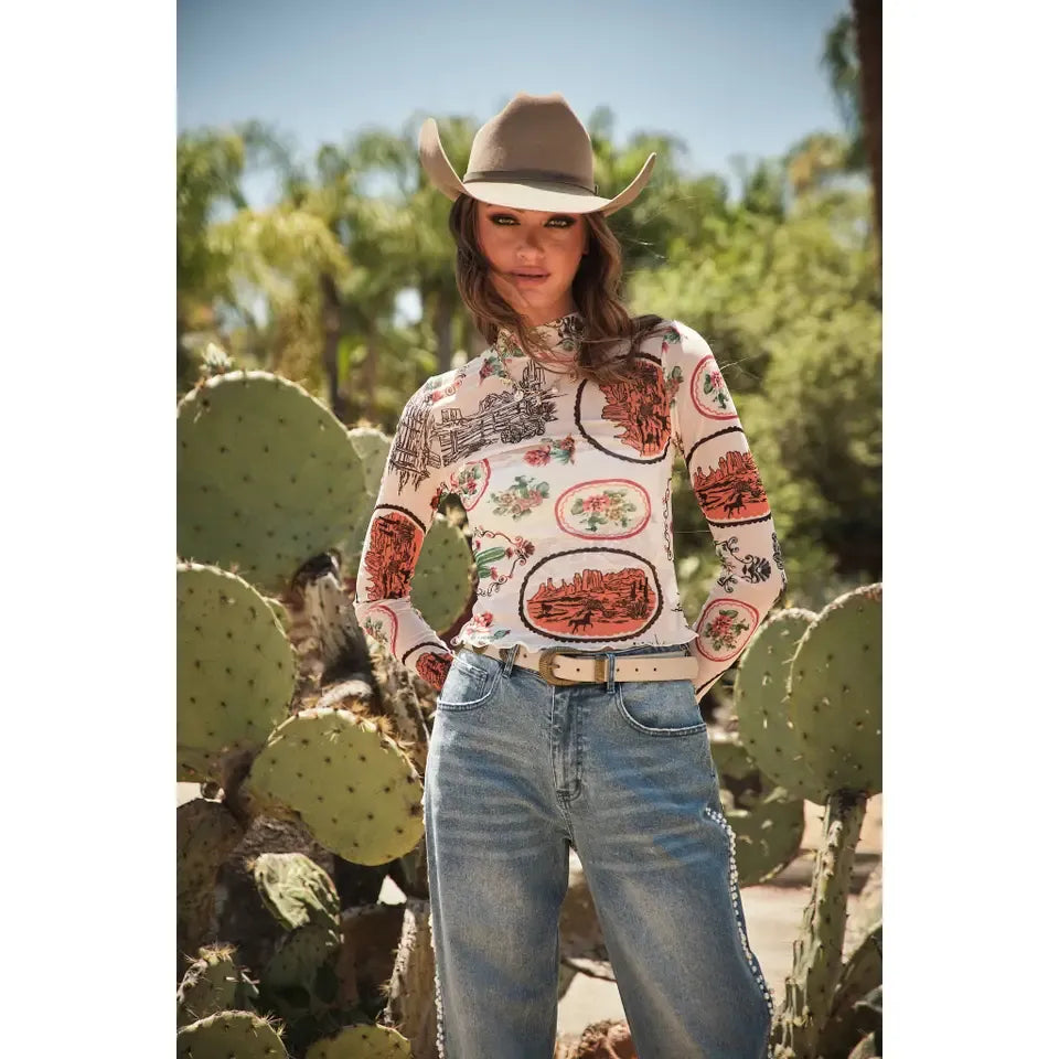 Women's Blue B Western Motif Mesh Mock Neck Long Sleeve Top 33147T