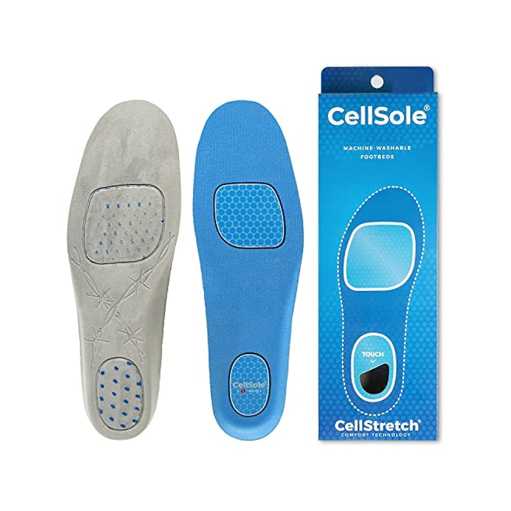 Gray and blue shoe insoles with Cellsole packaging on a white background