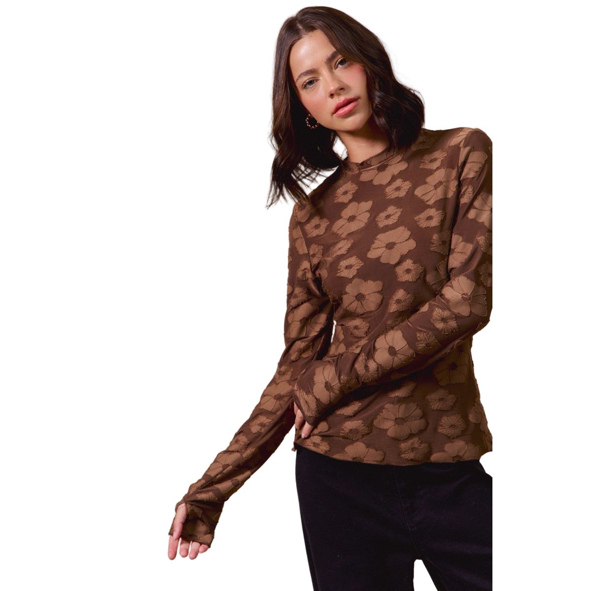 Women's Brown Floral Stretched Jacquard Top