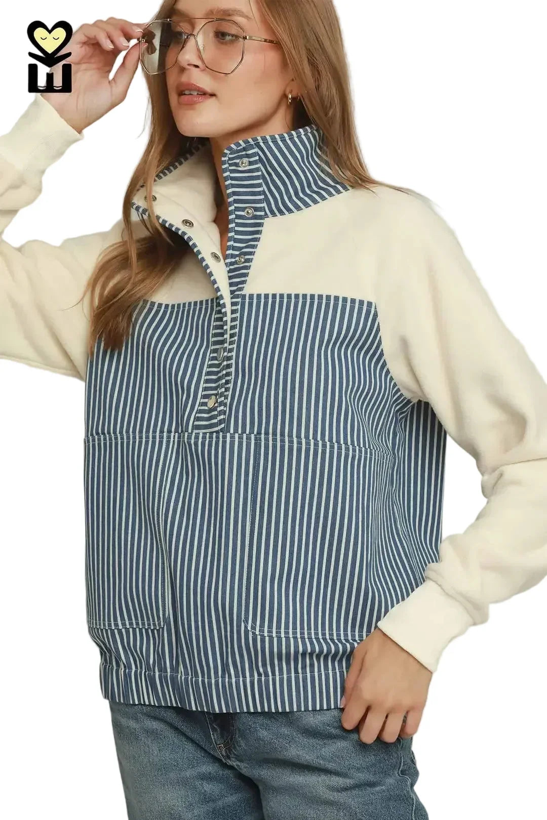Umgee Women's Solid and Denim Contrast Pullover