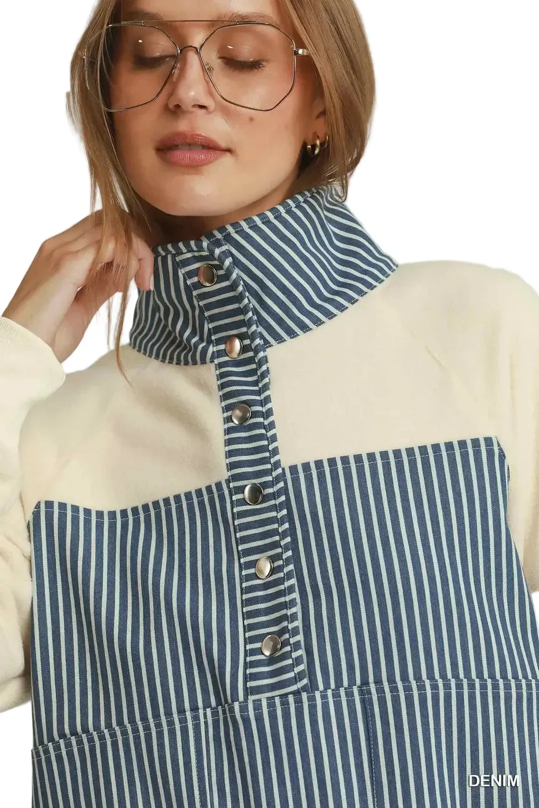 Umgee Women's Solid and Denim Contrast Pullover