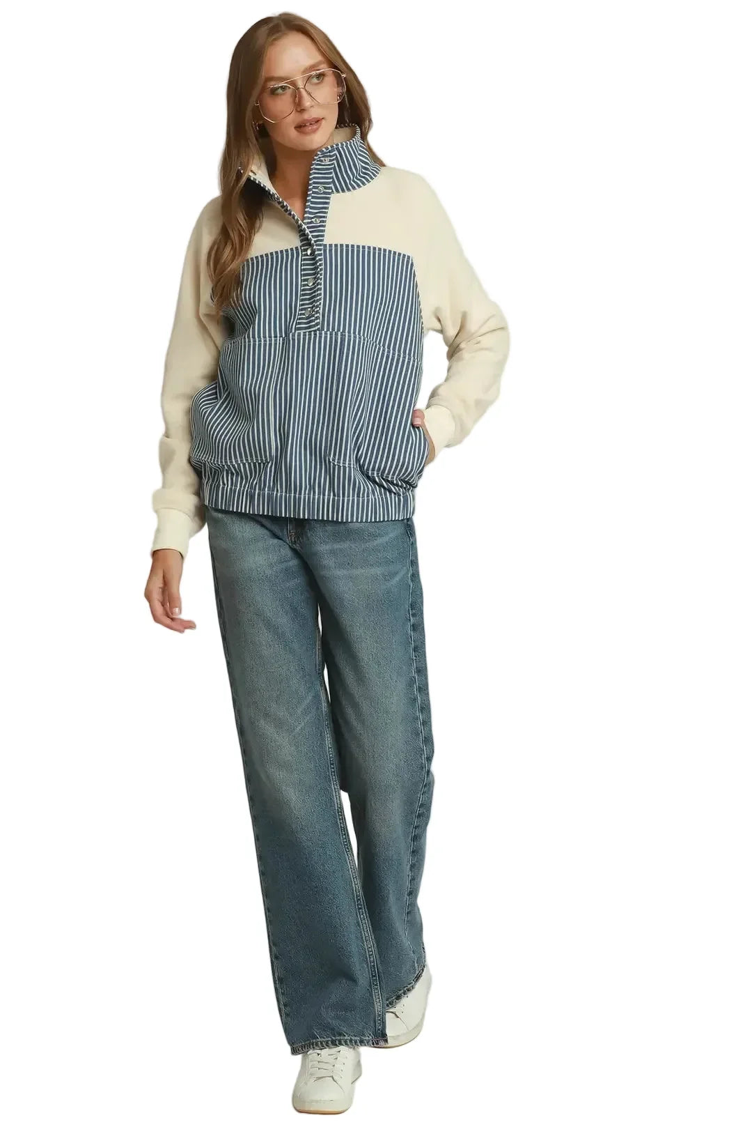 Umgee Women's Solid and Denim Contrast Pullover