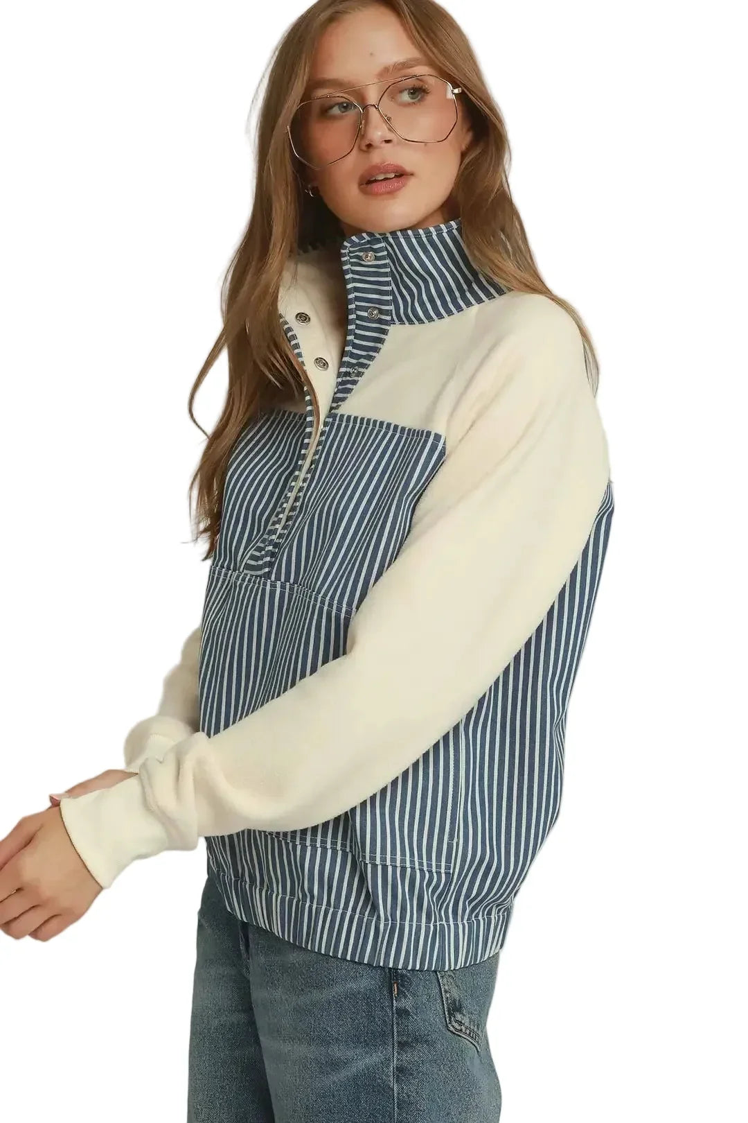 Umgee Women's Solid and Denim Contrast Pullover