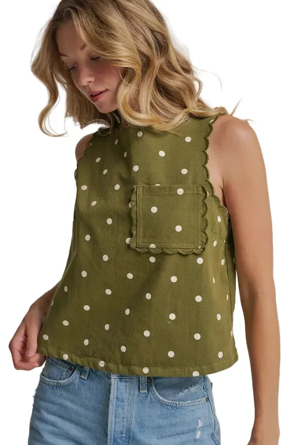 Women's Olive/Cream Polka Dot Twill Top with Patch Pocket
