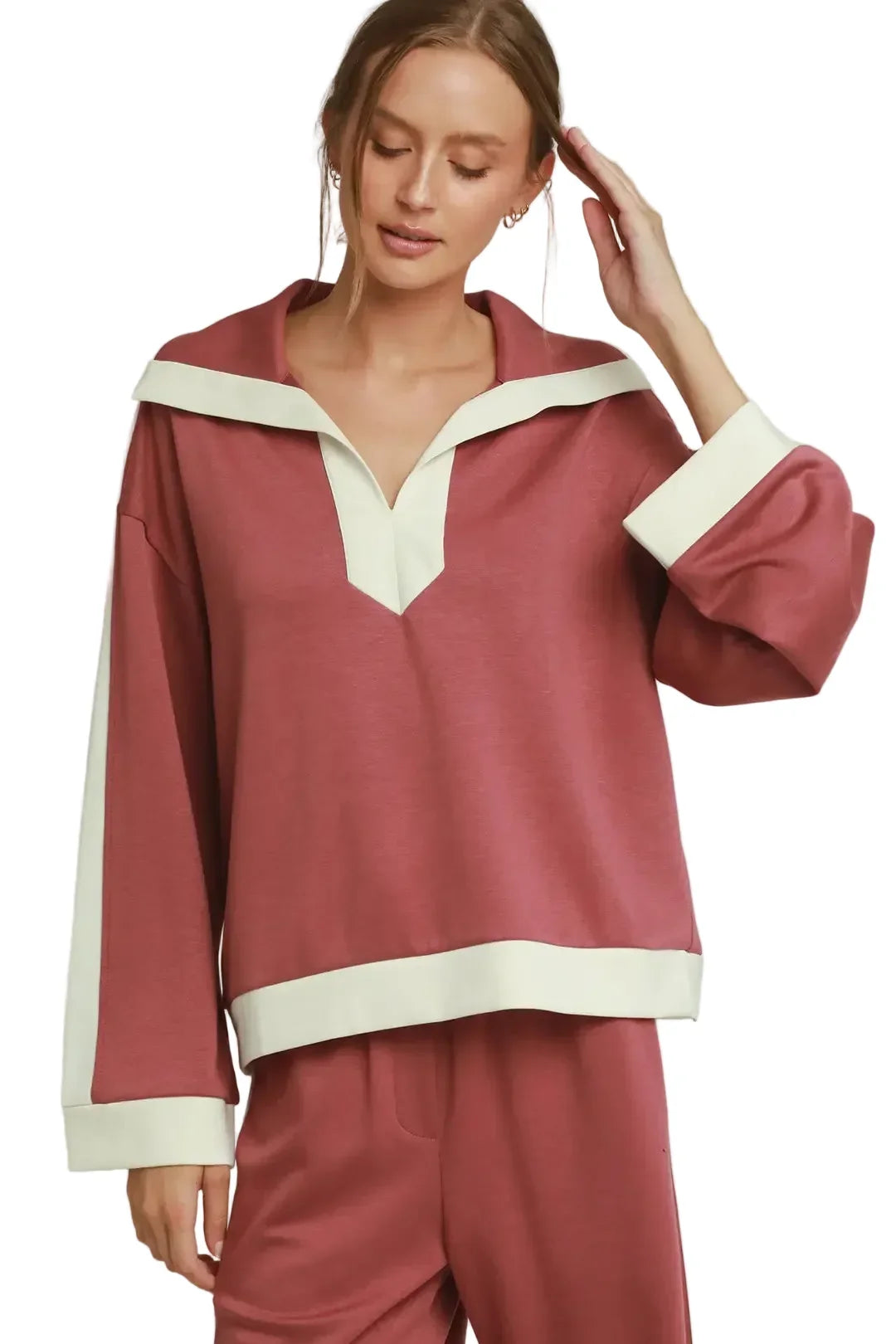 Umgee Women's Marsala Contrast Collar Top